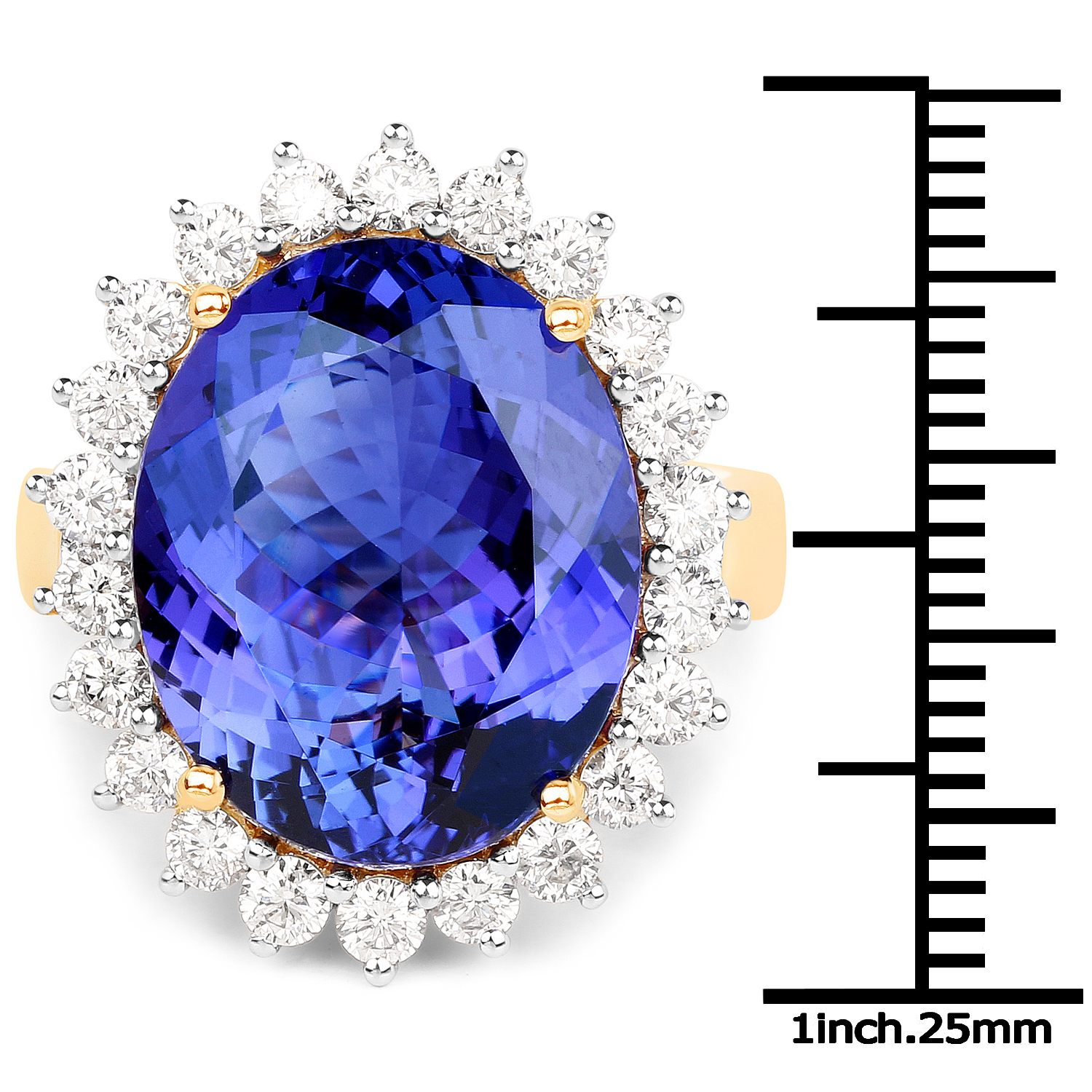 16.27 Carat Genuine Tanzanite and White Diamond 18K Yellow Gold Ring