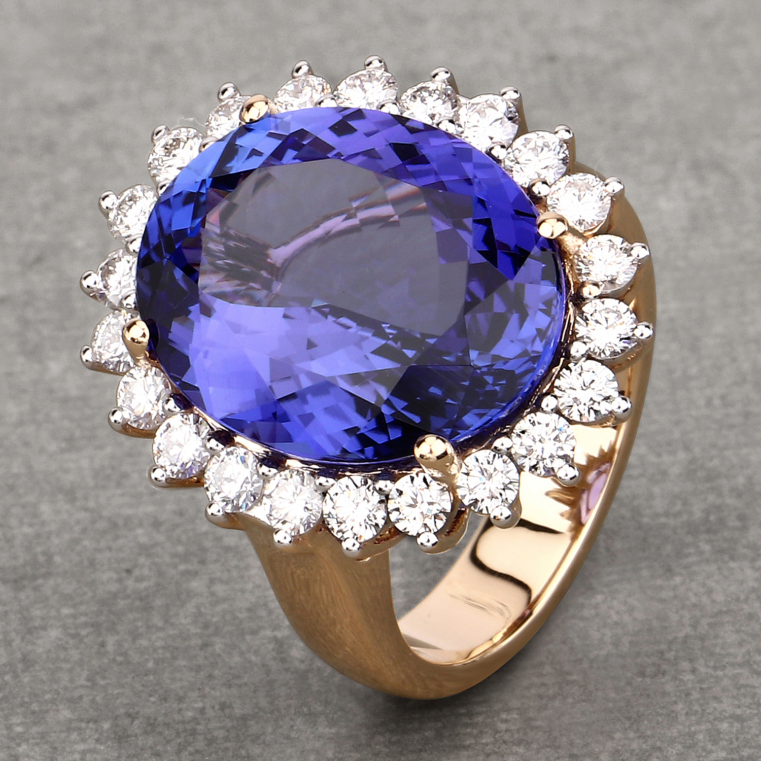 16.27 Carat Genuine Tanzanite and White Diamond 18K Yellow Gold Ring