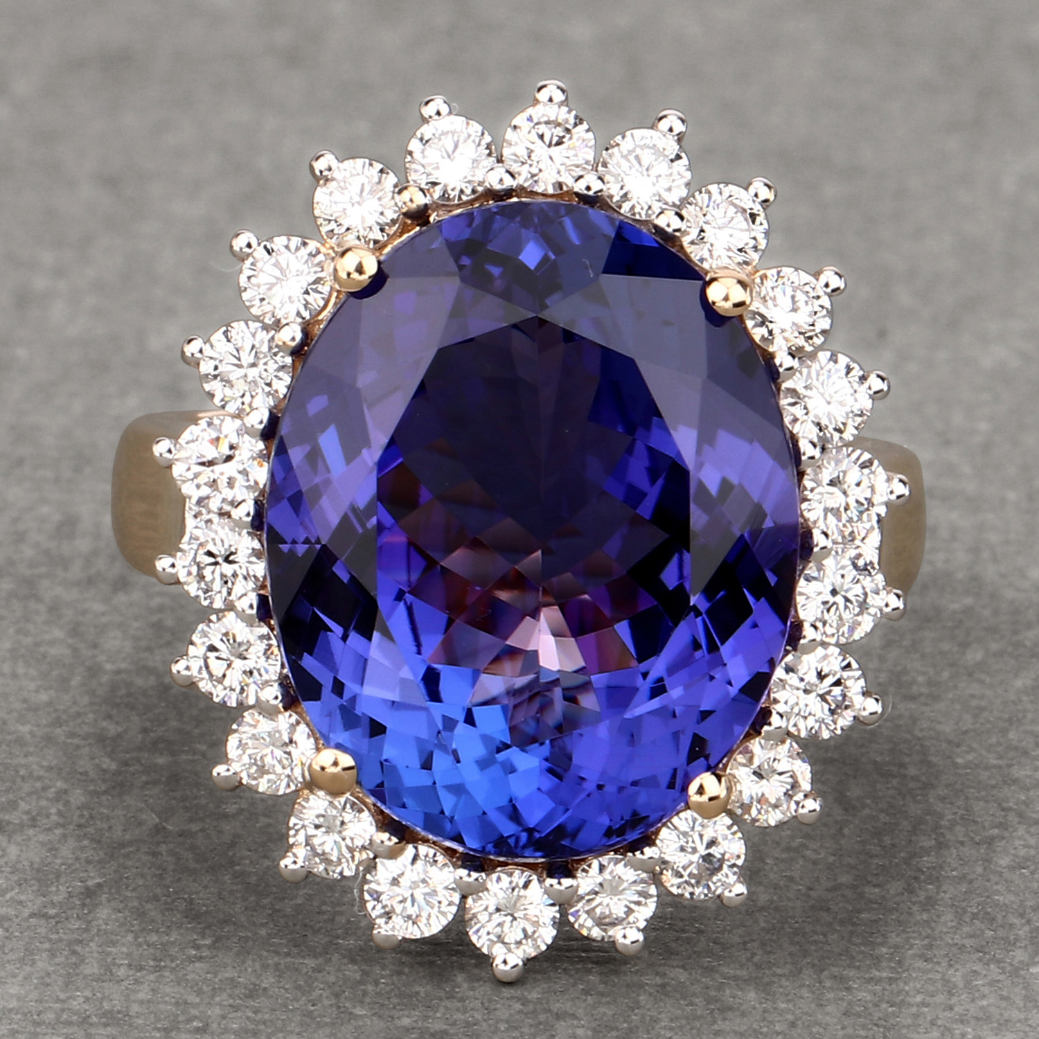 16.27 Carat Genuine Tanzanite and White Diamond 18K Yellow Gold Ring