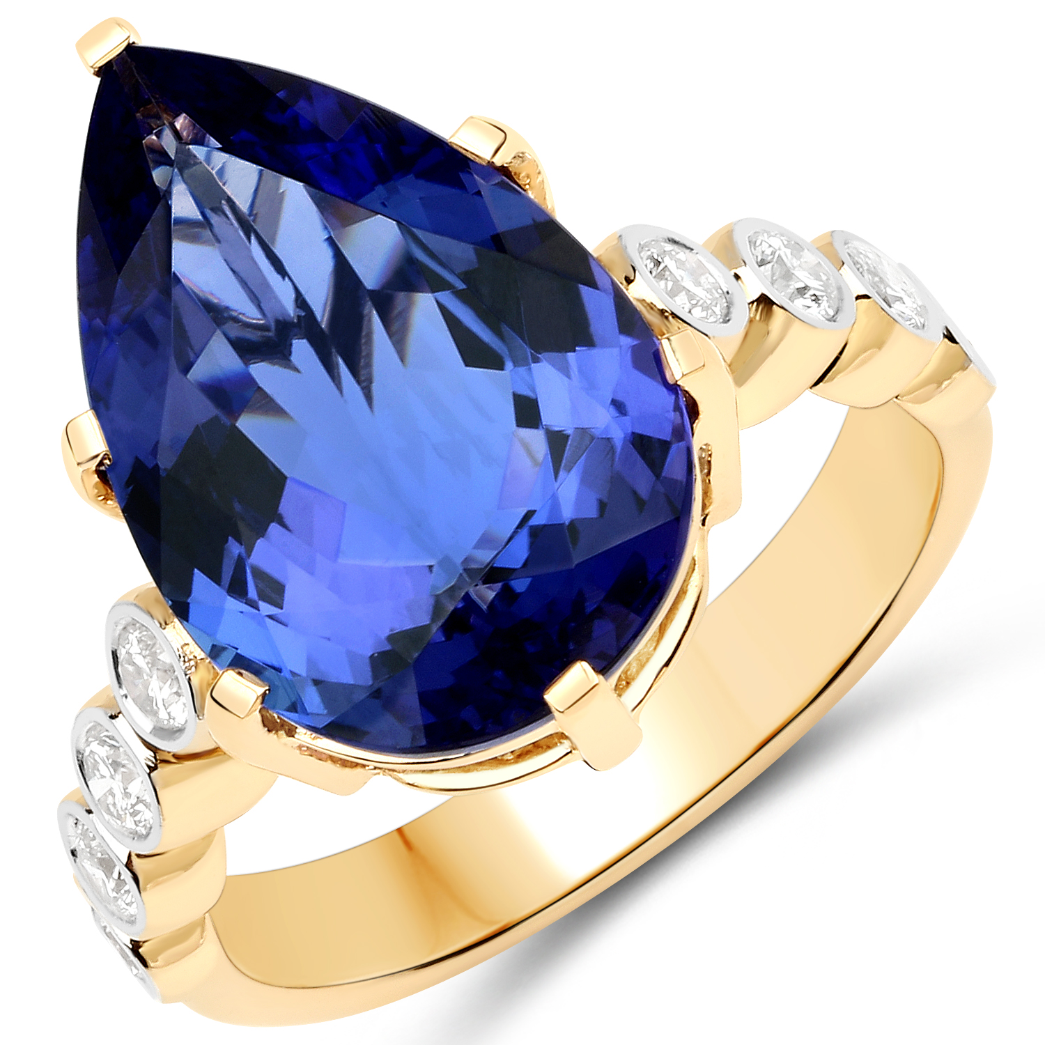8.50 Carat Genuine Tanzanite and White Diamond 18K Yellow Gold Ring