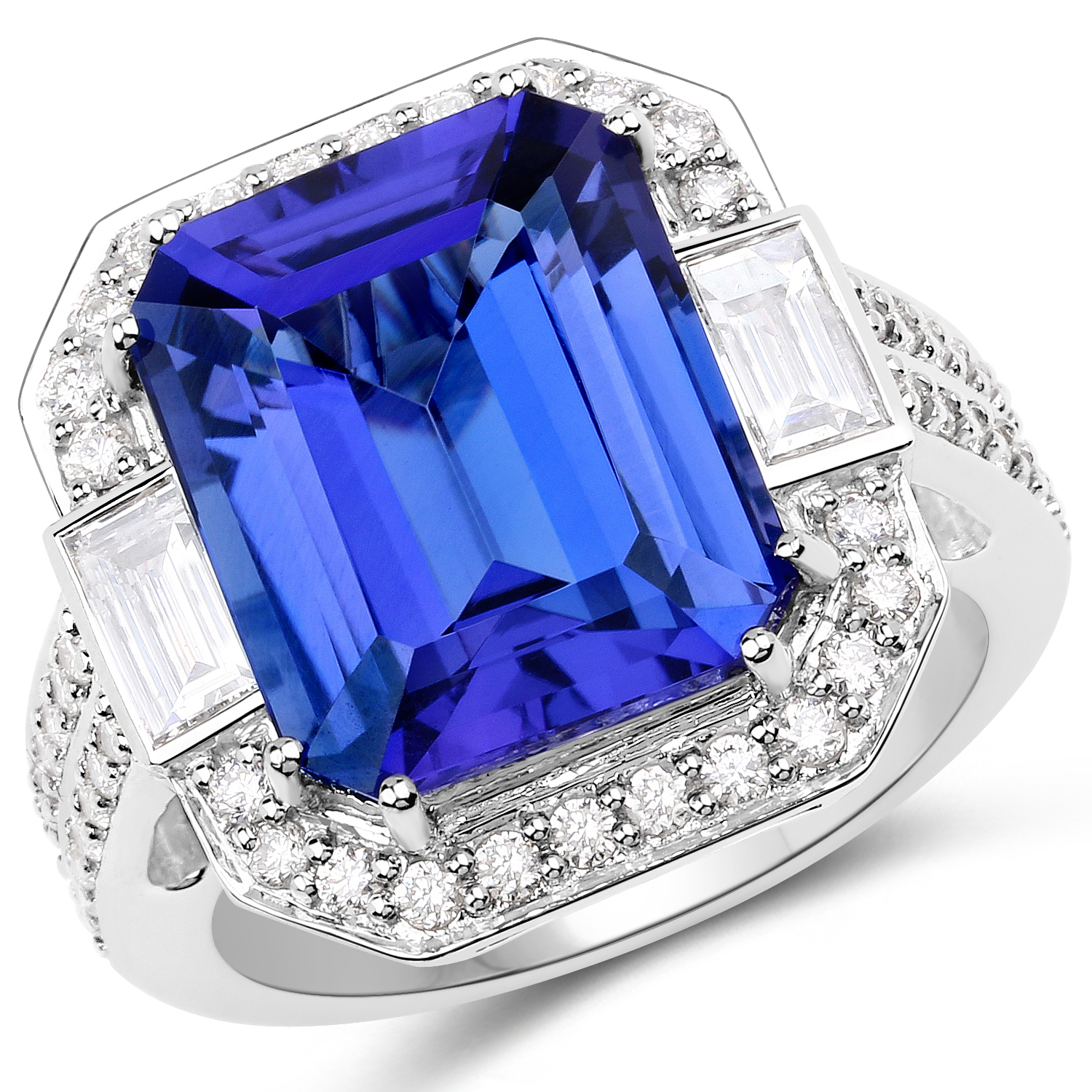 11.72 Carat Genuine Tanzanite and White Diamond 18K White Gold Ring