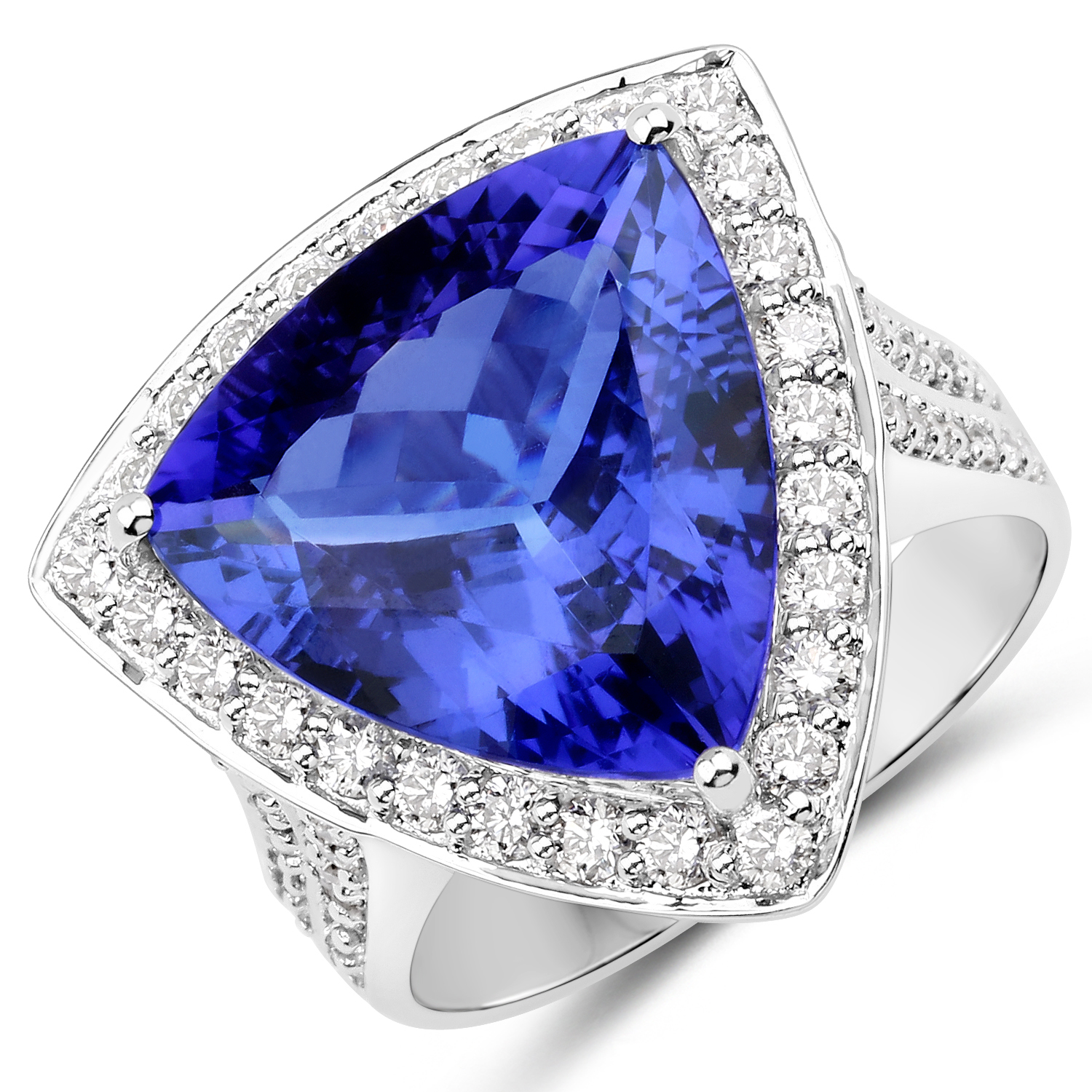 11.08 Carat Genuine Tanzanite and White Diamond 18K White Gold Ring