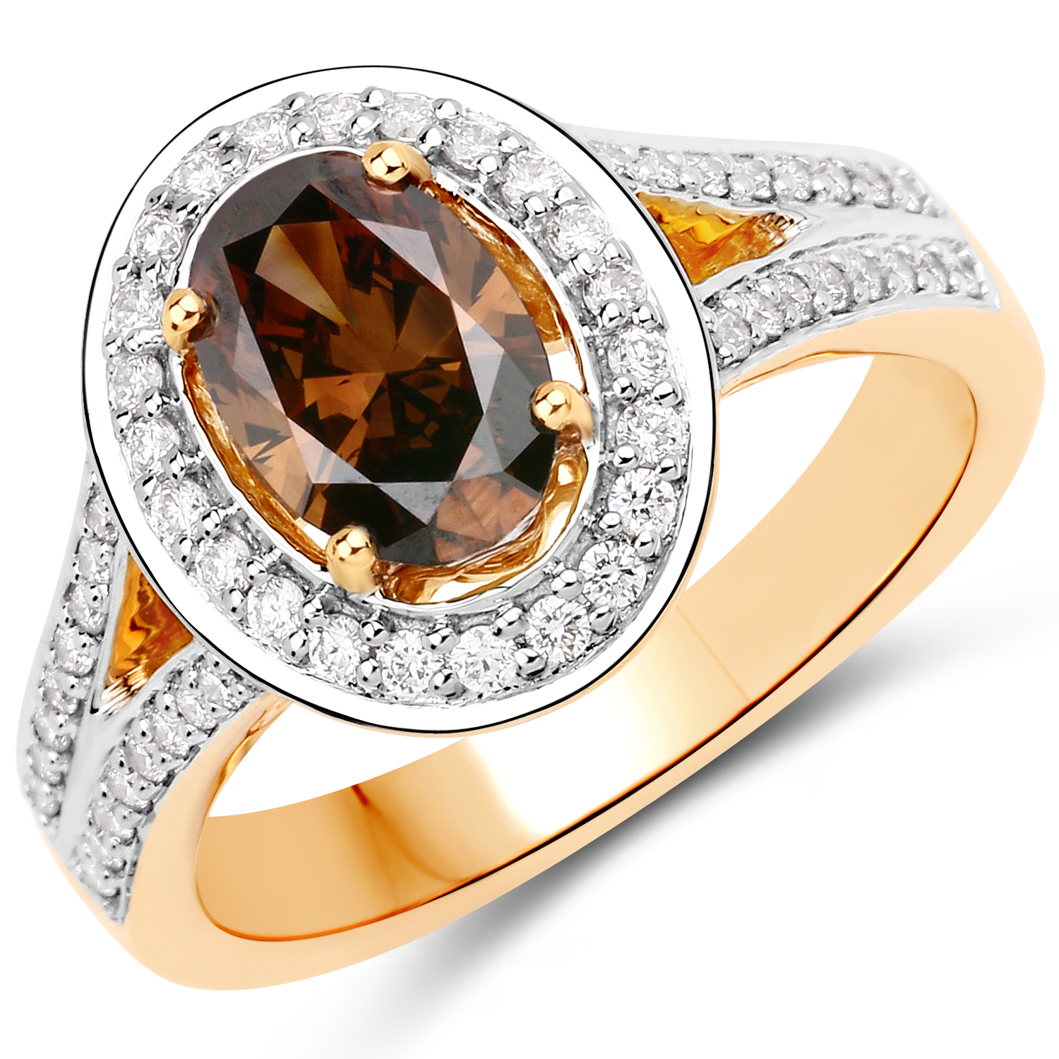 1.52 Carat Genuine Chocolate Brown Diamond and White Diamond 18K Yellow Gold Ring