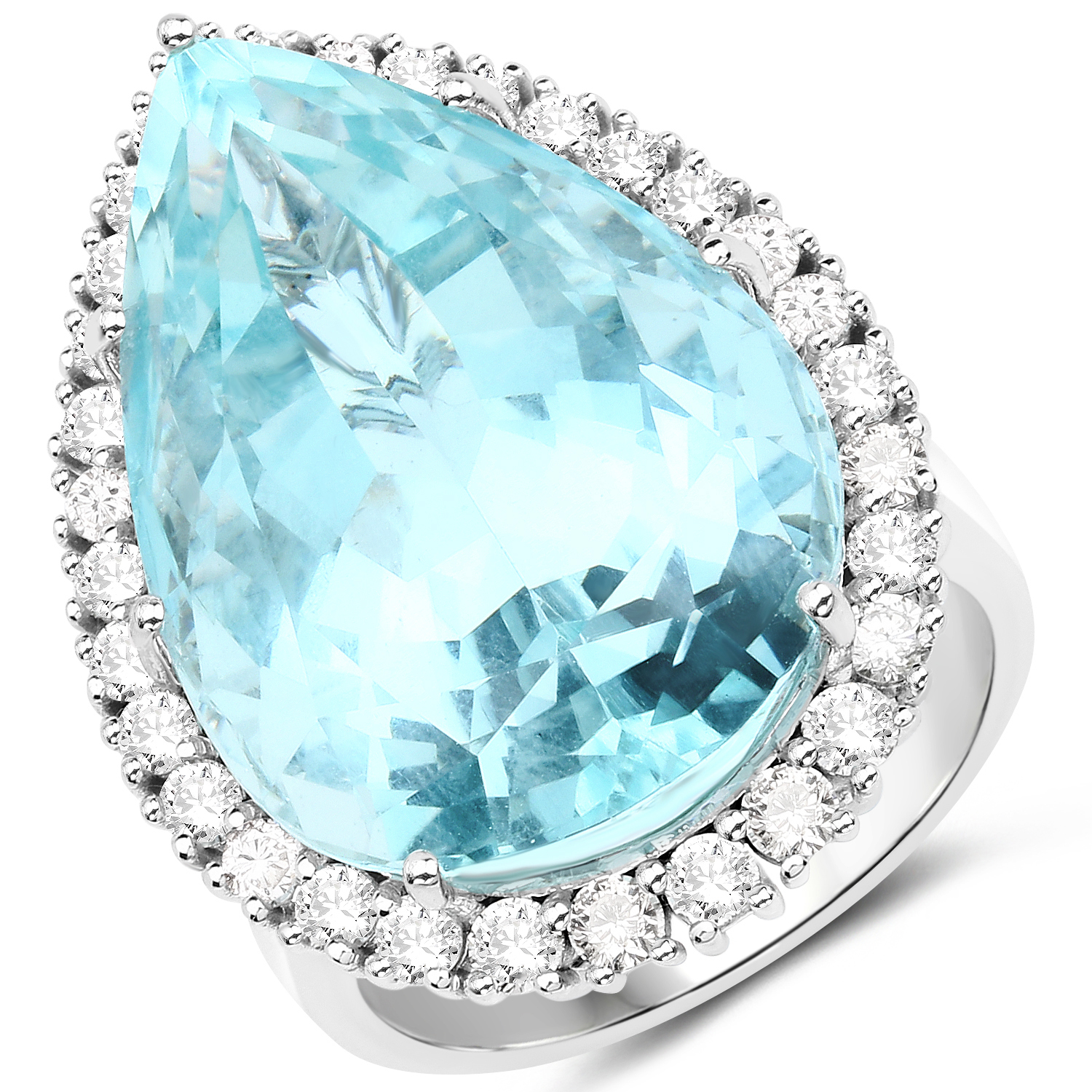25.66 Carat Genuine Aquamarine and White Diamond 14K White Gold Ring