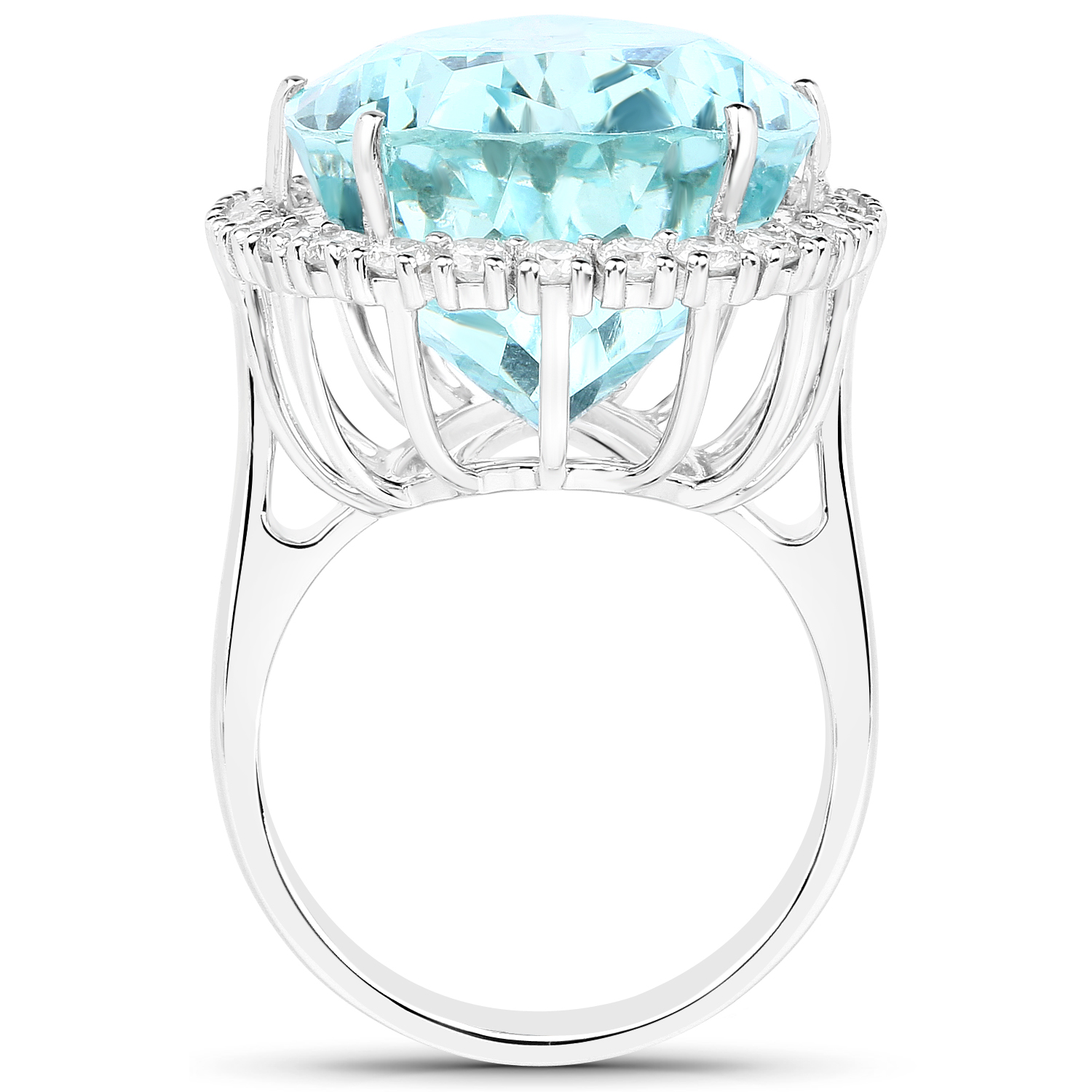 25.66 Carat Genuine Aquamarine and White Diamond 14K White Gold Ring