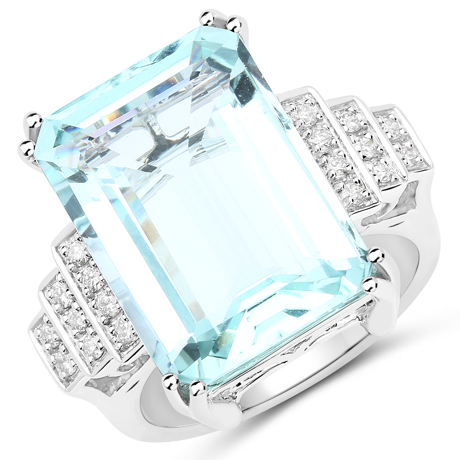 12.44 Carat Genuine Aquamarine and White Diamond 14K White Gold Ring