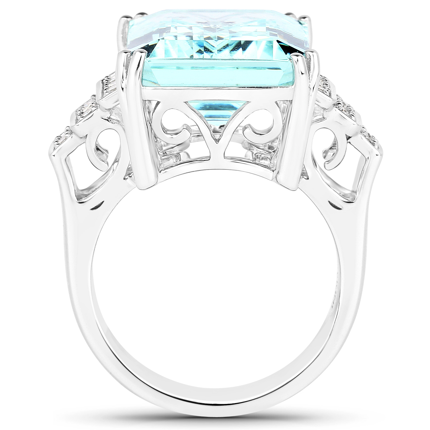 12.44 Carat Genuine Aquamarine and White Diamond 14K White Gold Ring