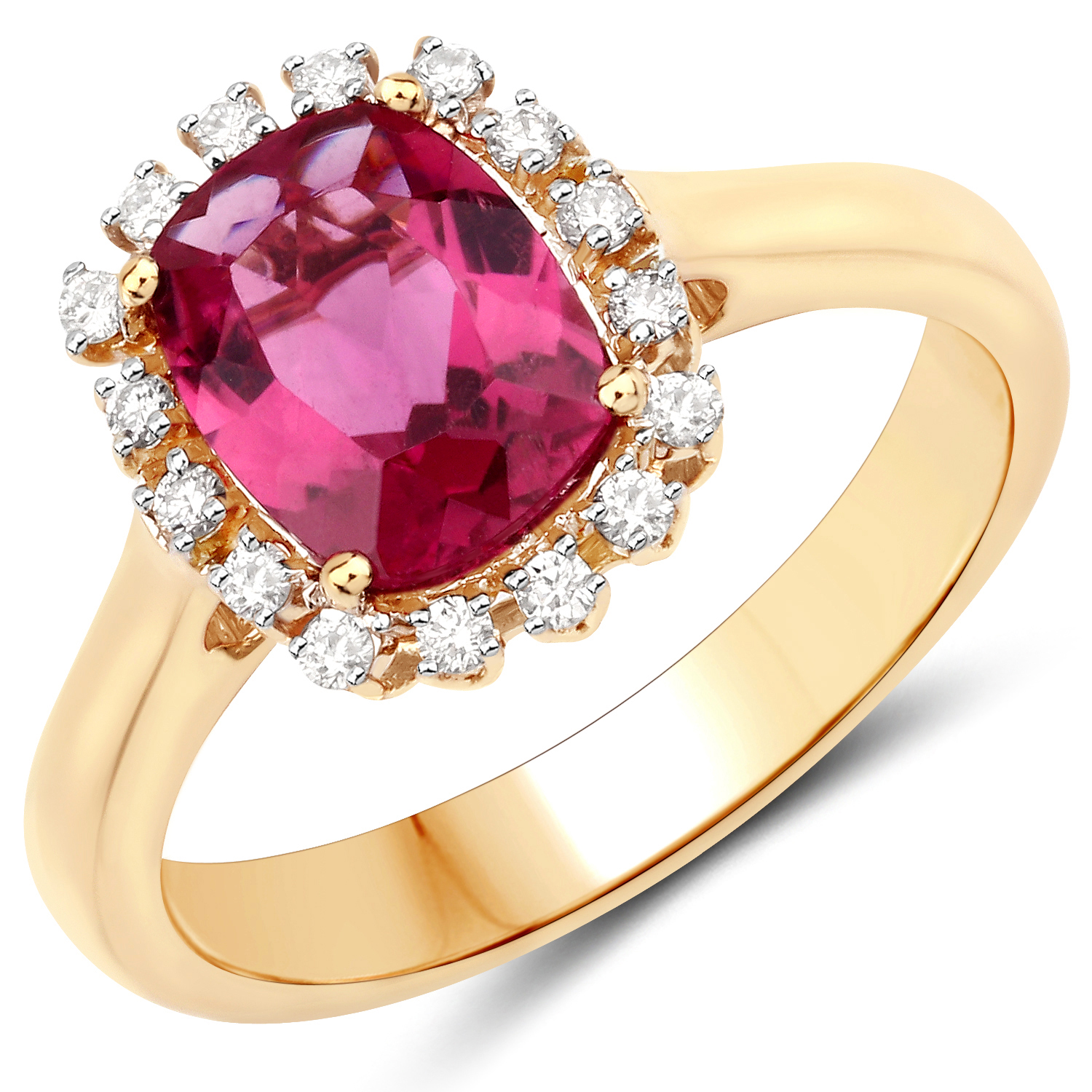 2.10 Carat Genuine Rubellite and White Diamond 14K Yellow Gold Ring