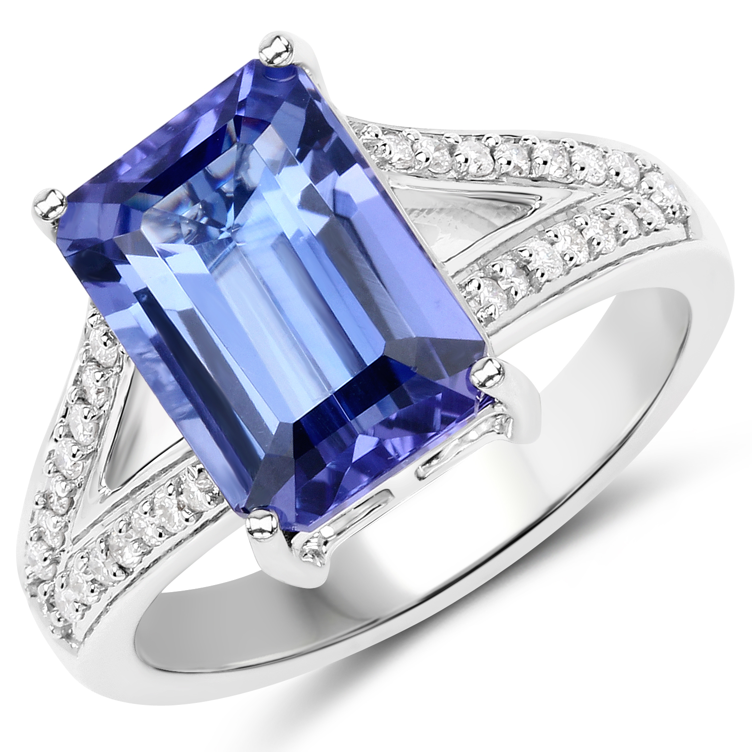 4.84 Carat Genuine Tanzanite and White Diamond 14K White Gold Ring