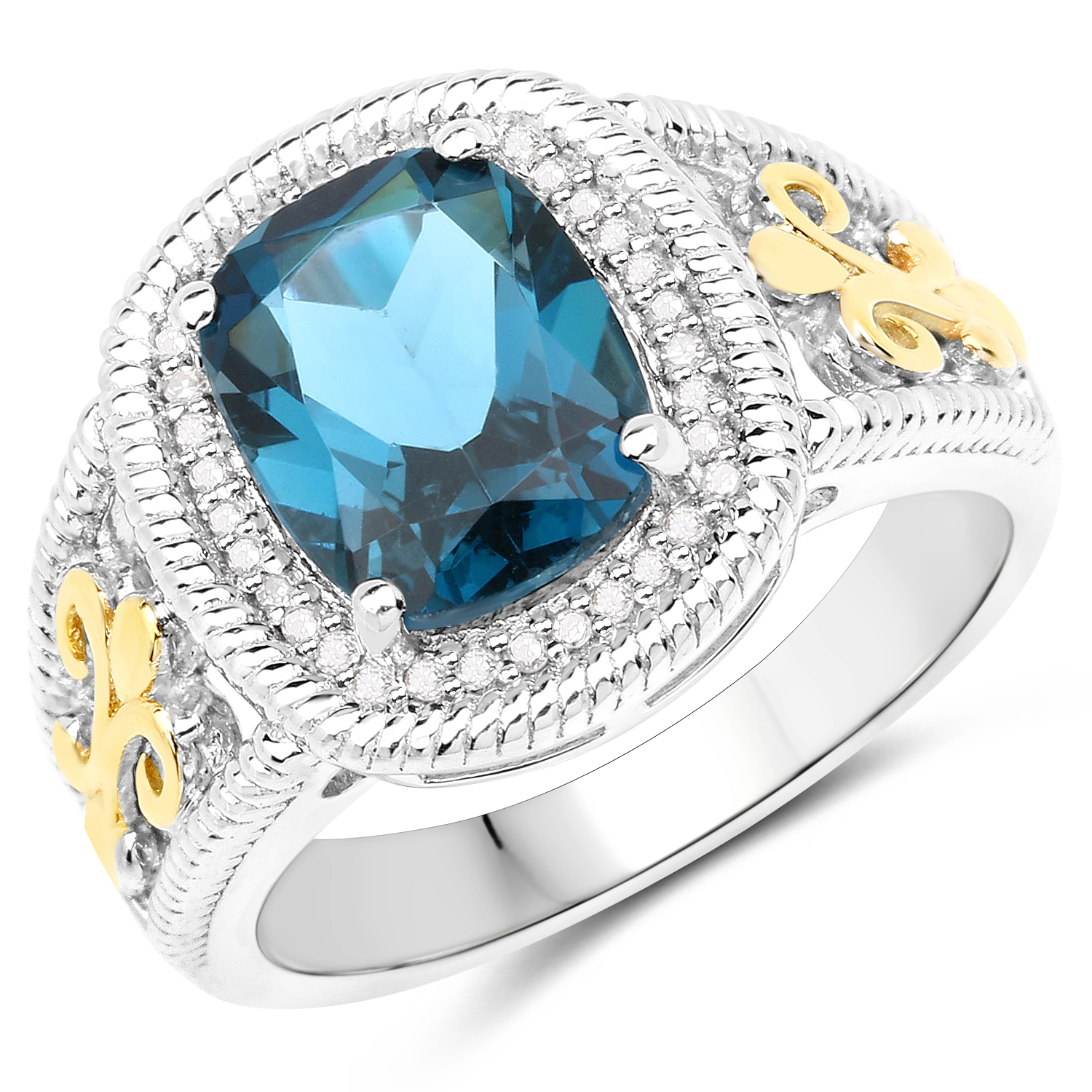 3.59 Carat Genuine London Blue Topaz and White Diamond 14K Yellow Gold with .925 Sterling Silver Ring