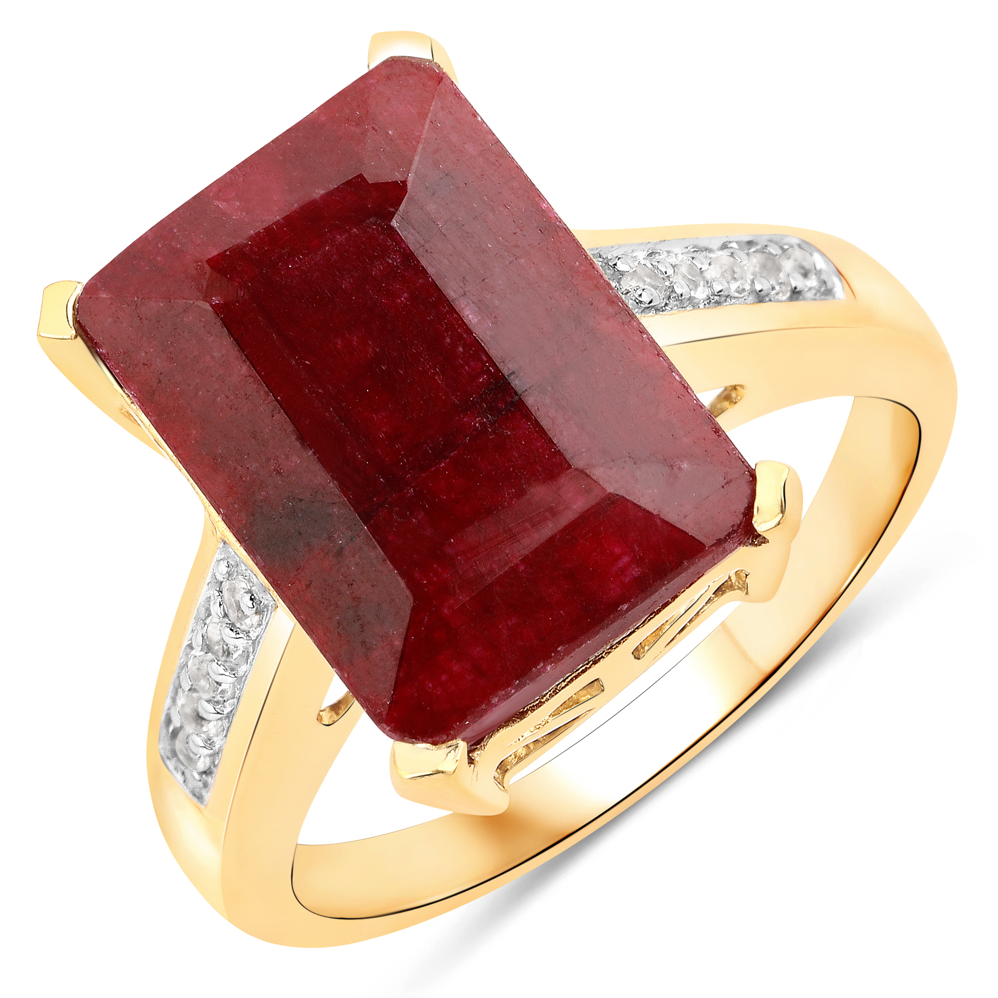 14K Yellow Gold Plated 7.30 Carat Dyed Ruby and White Topaz .925 Sterling Silver Ring