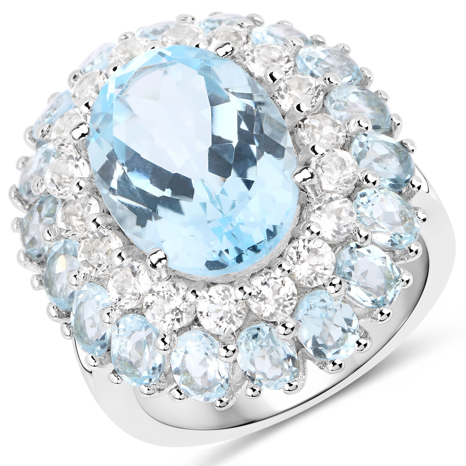 11.91 Carat Genuine Blue Topaz and White Topaz .925 Sterling Silver Ring