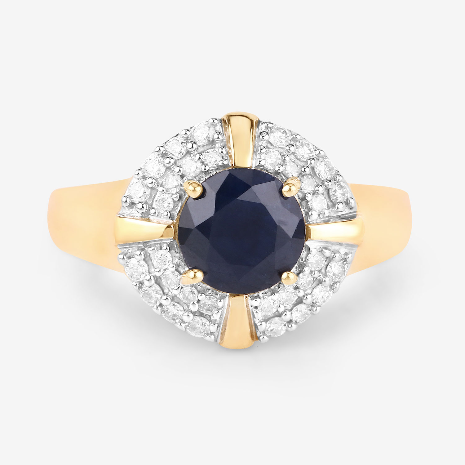 1.71 Carat Genuine Blue Sapphire and White Diamond 10K Yellow Gold Ring
