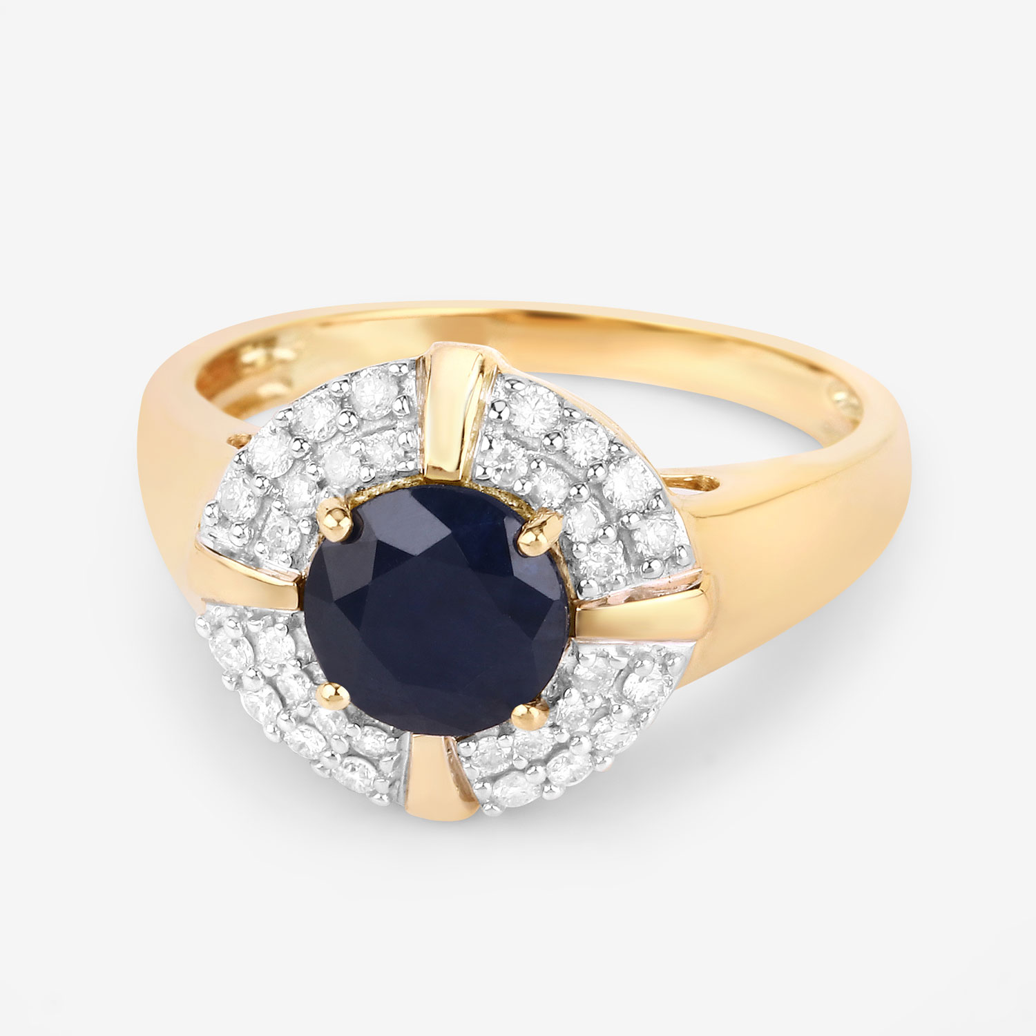 1.71 Carat Genuine Blue Sapphire and White Diamond 10K Yellow Gold Ring