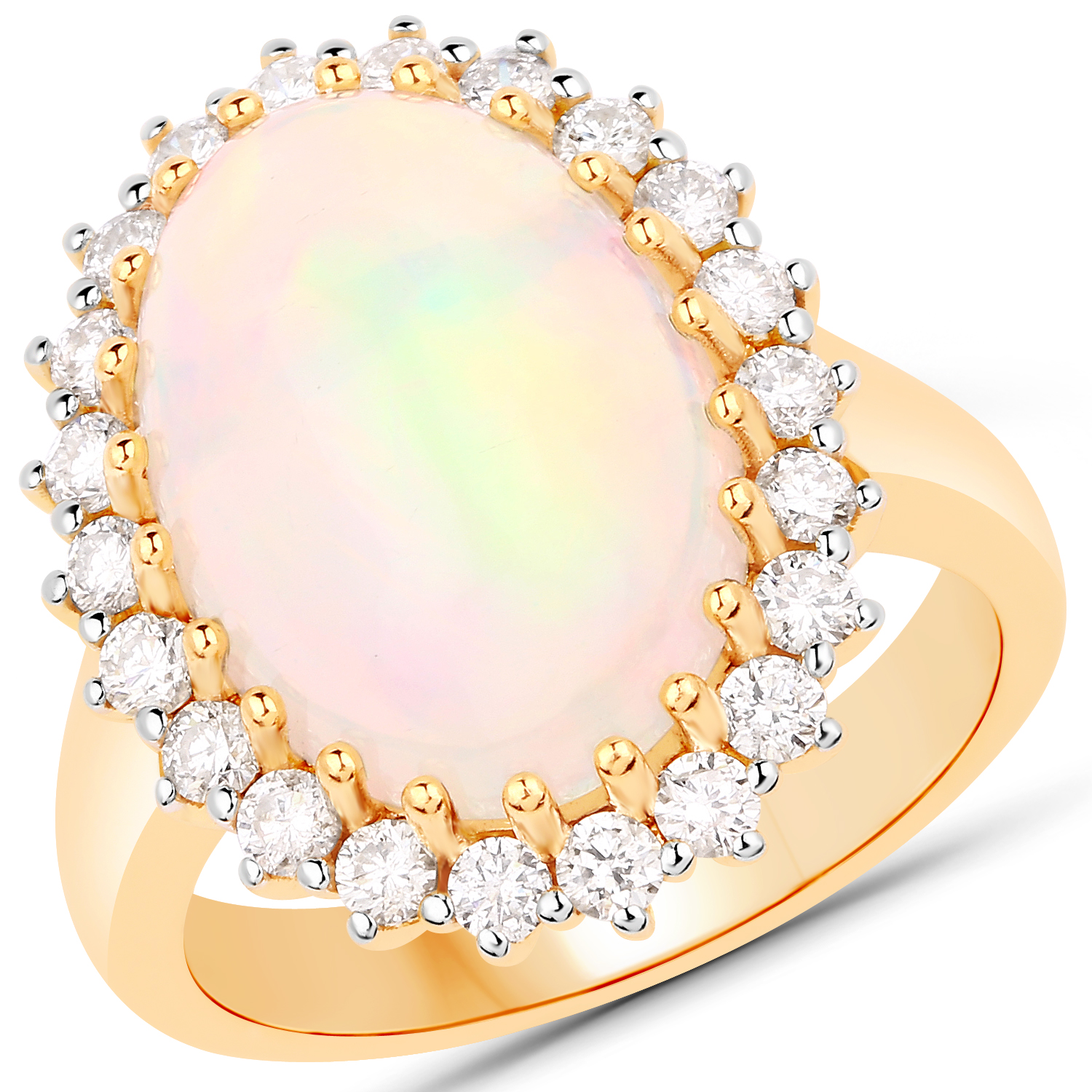 6.91 Carat Genuine Ethiopian Opal and White Diamond 14K Yellow Gold Ring