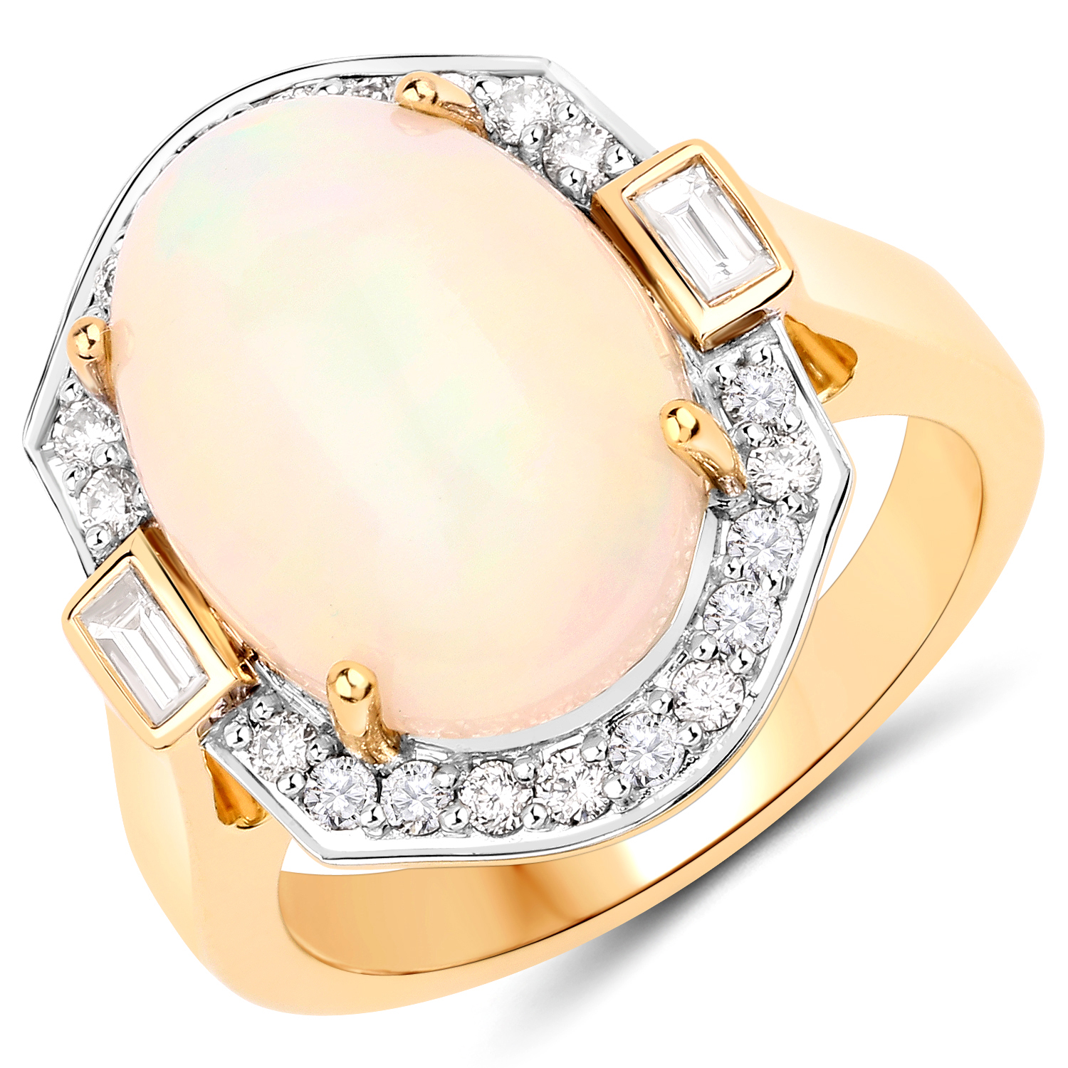 5.76 Carat Genuine Ethiopian Opal and White Diamond 14K Yellow Gold Ring