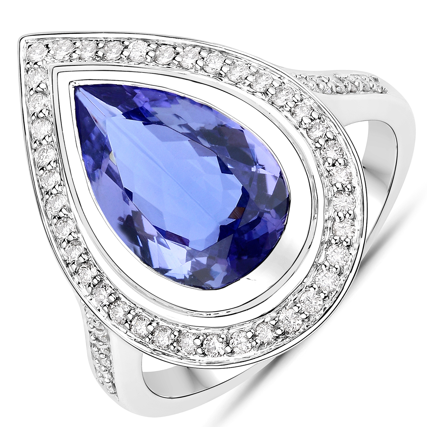 3.90 Carat Genuine Tanzanite and White Diamond 14K White Gold Ring