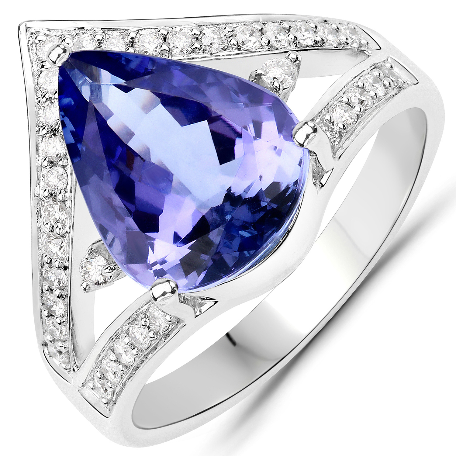 3.95 Carat Genuine Tanzanite and White Diamond 14K White Gold Ring