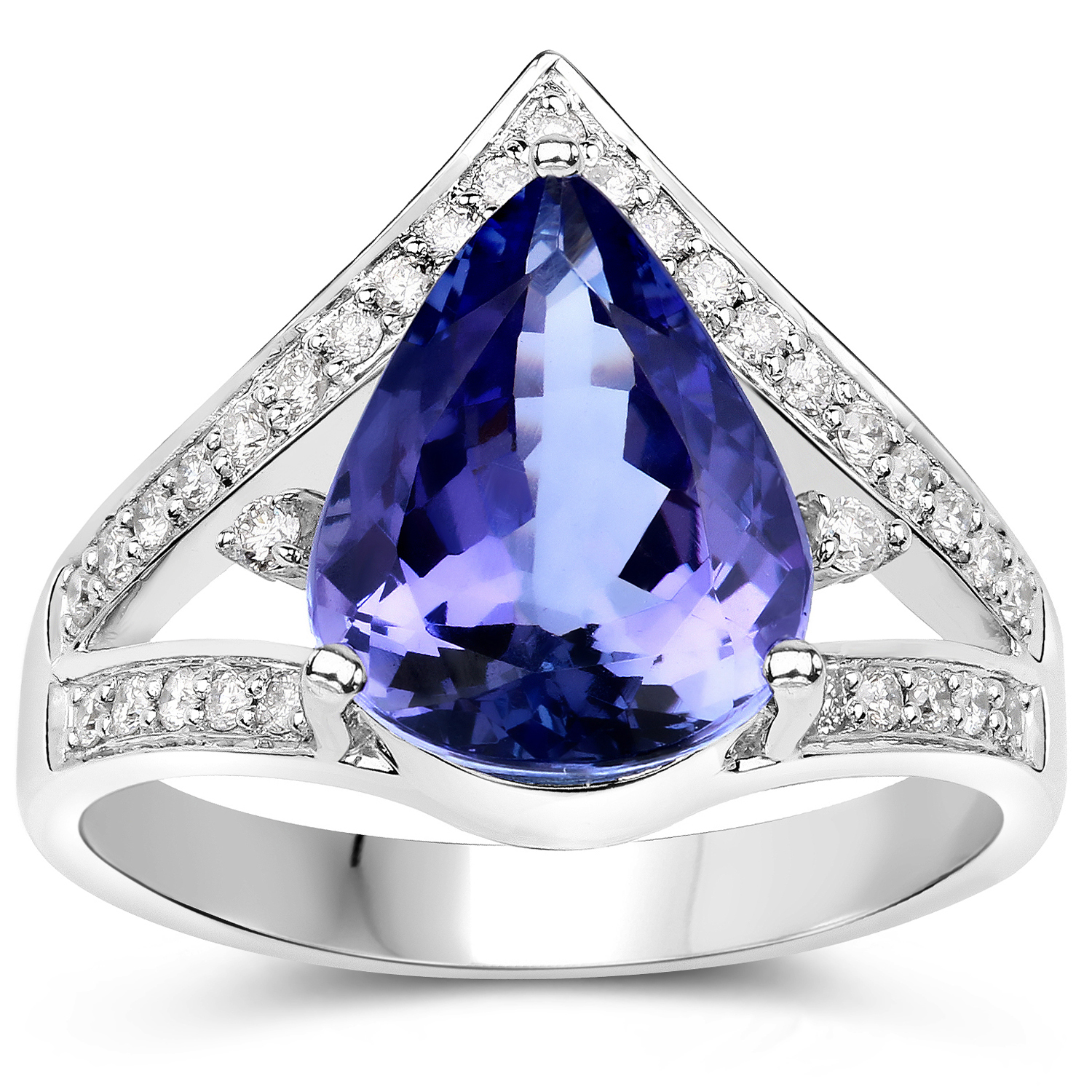 3.95 Carat Genuine Tanzanite and White Diamond 14K White Gold Ring
