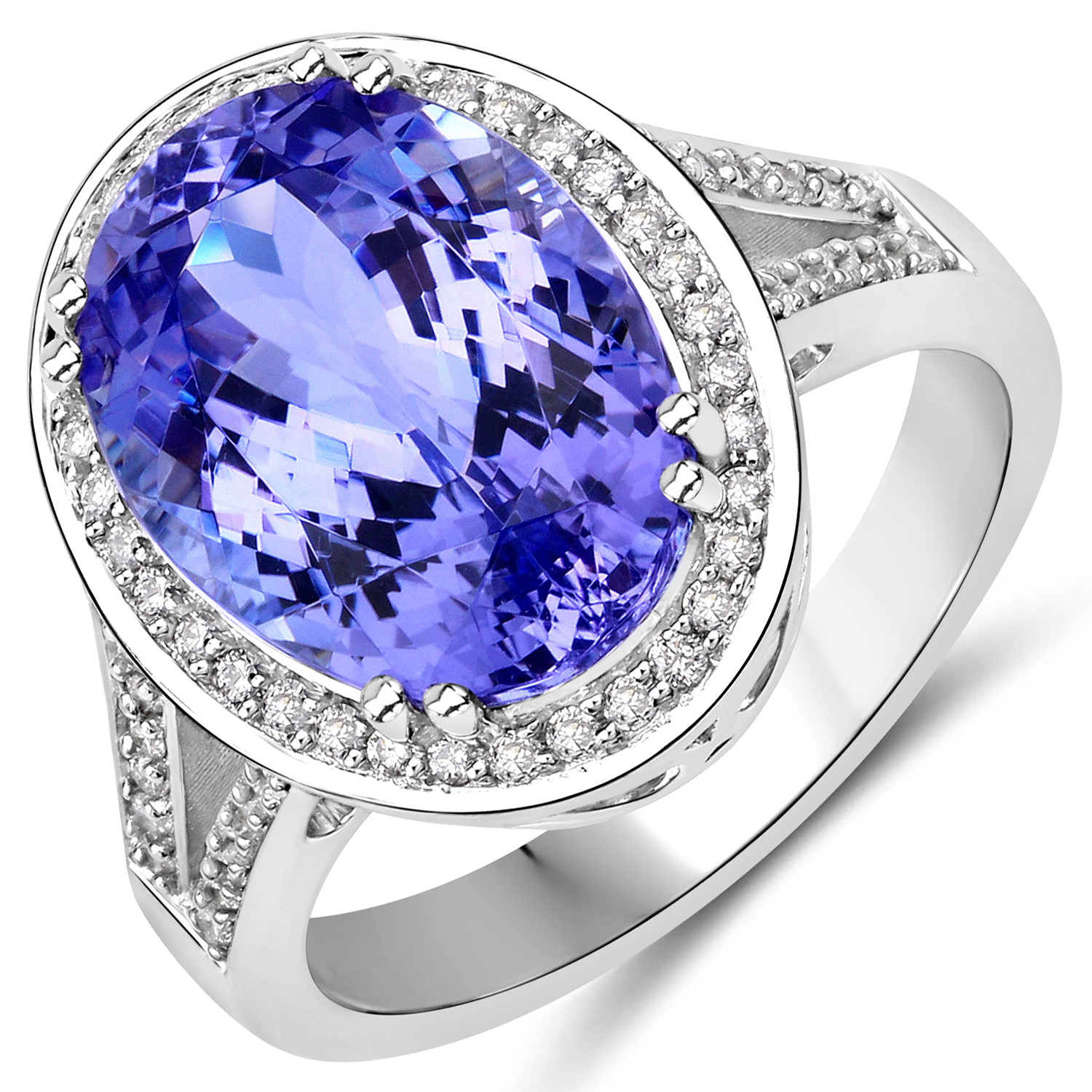7.55 Carat Genuine Tanzanite and White Diamond 14K White Gold Ring