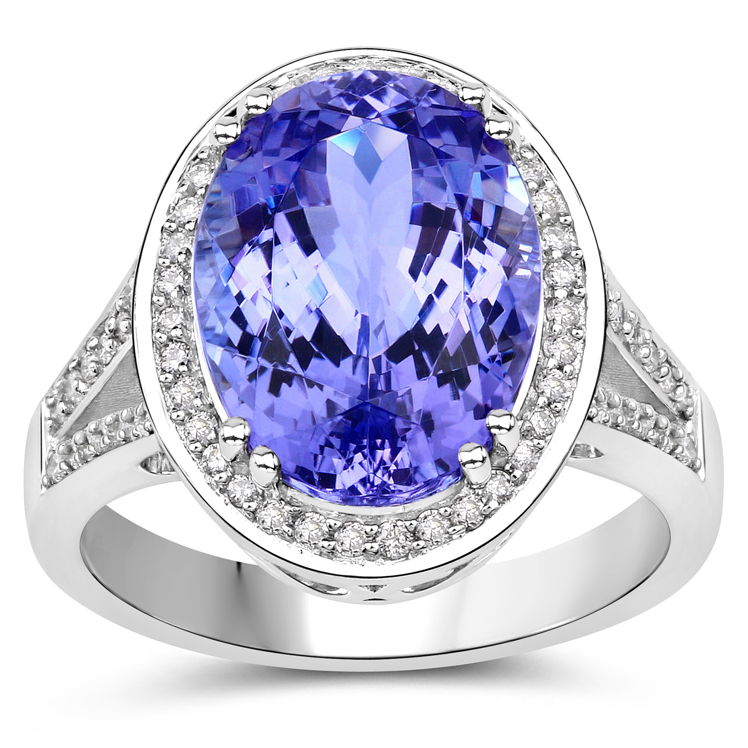 7.55 Carat Genuine Tanzanite and White Diamond 14K White Gold Ring