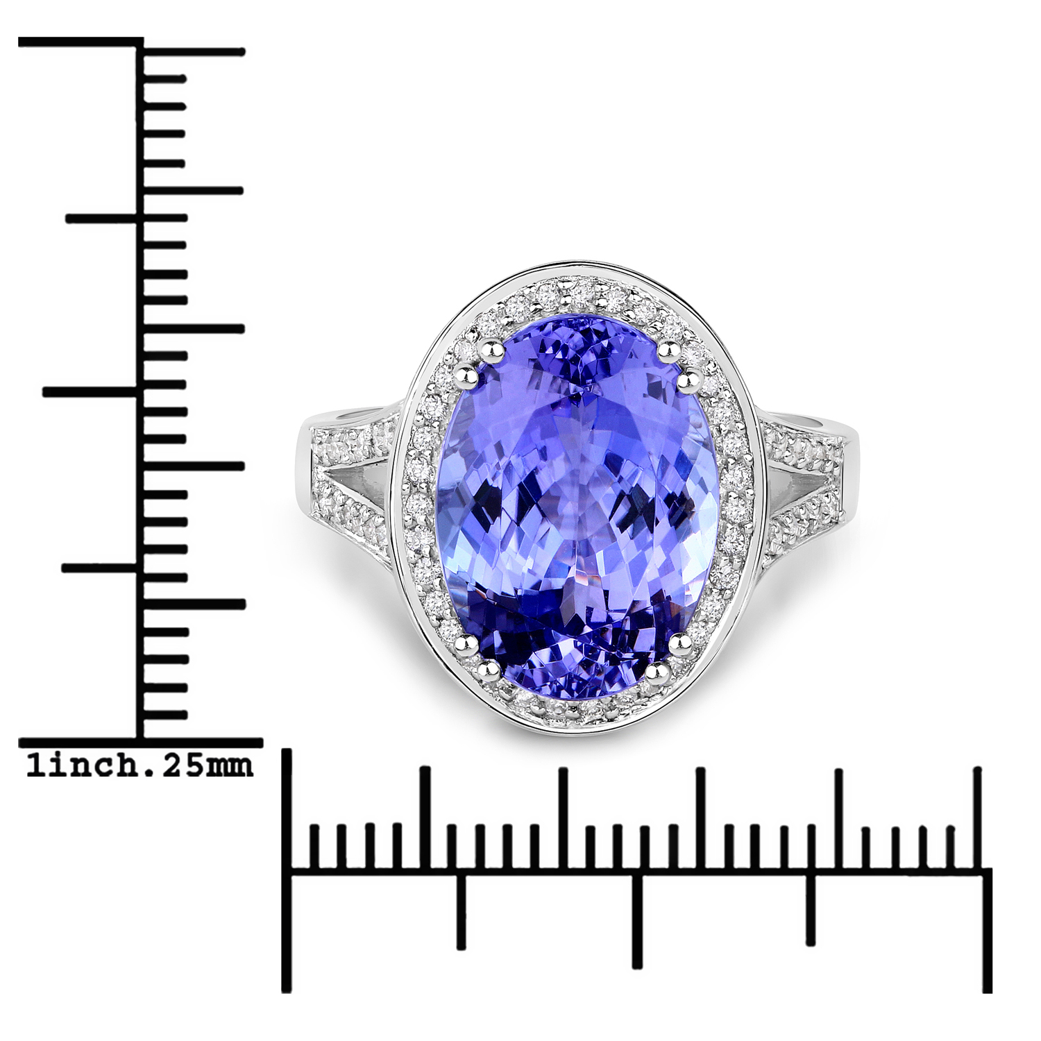 7.55 Carat Genuine Tanzanite and White Diamond 14K White Gold Ring
