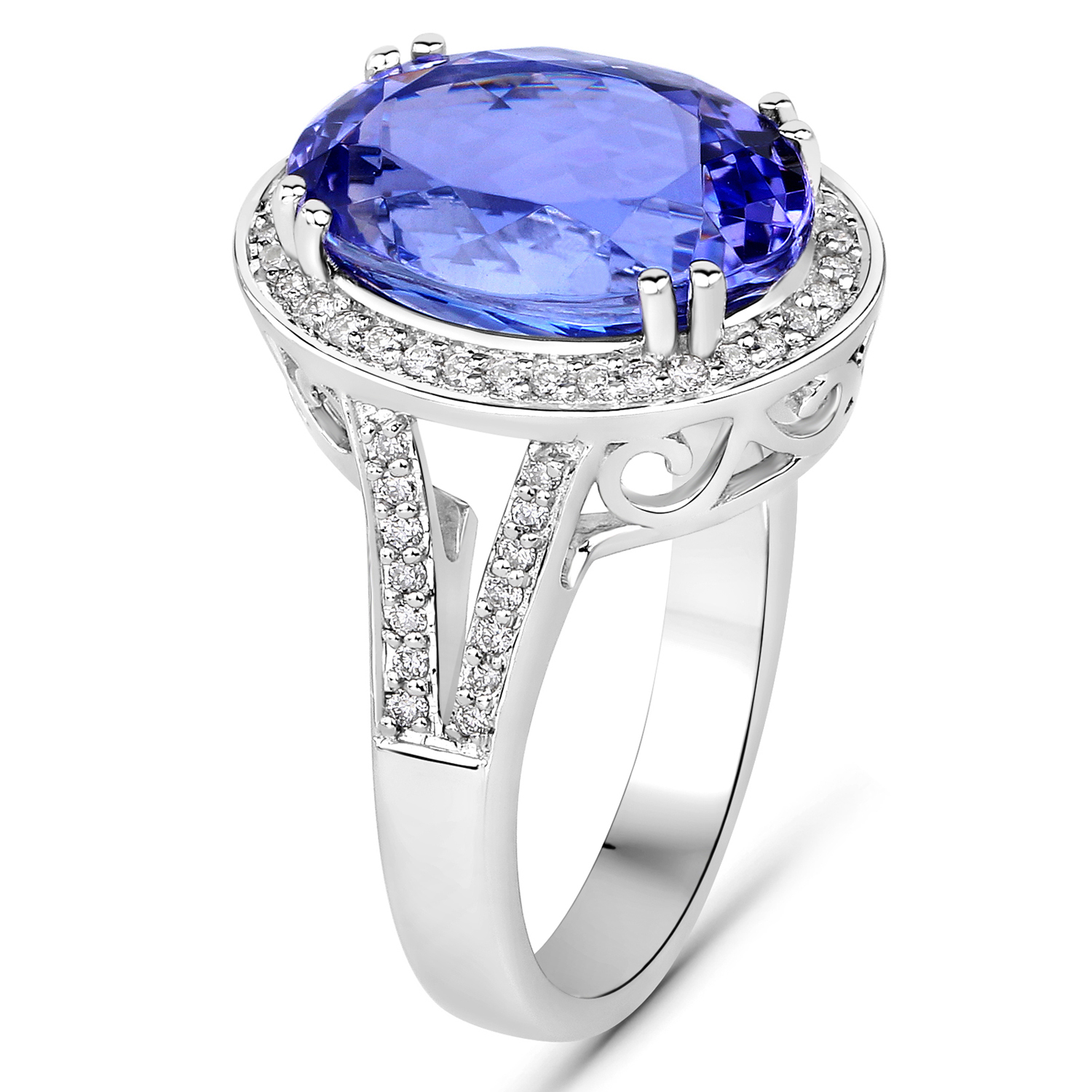 7.55 Carat Genuine Tanzanite and White Diamond 14K White Gold Ring