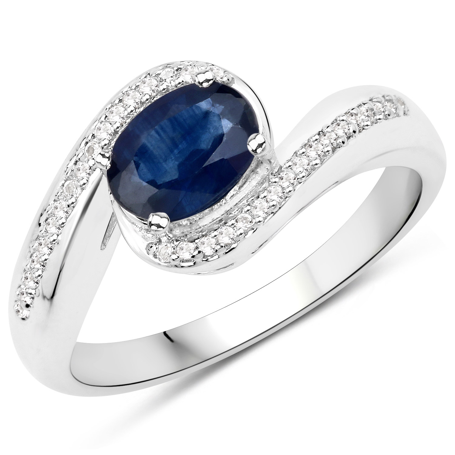 1.04 Carat Genuine Blue Sapphire and White Topaz .925 Sterling Silver Ring