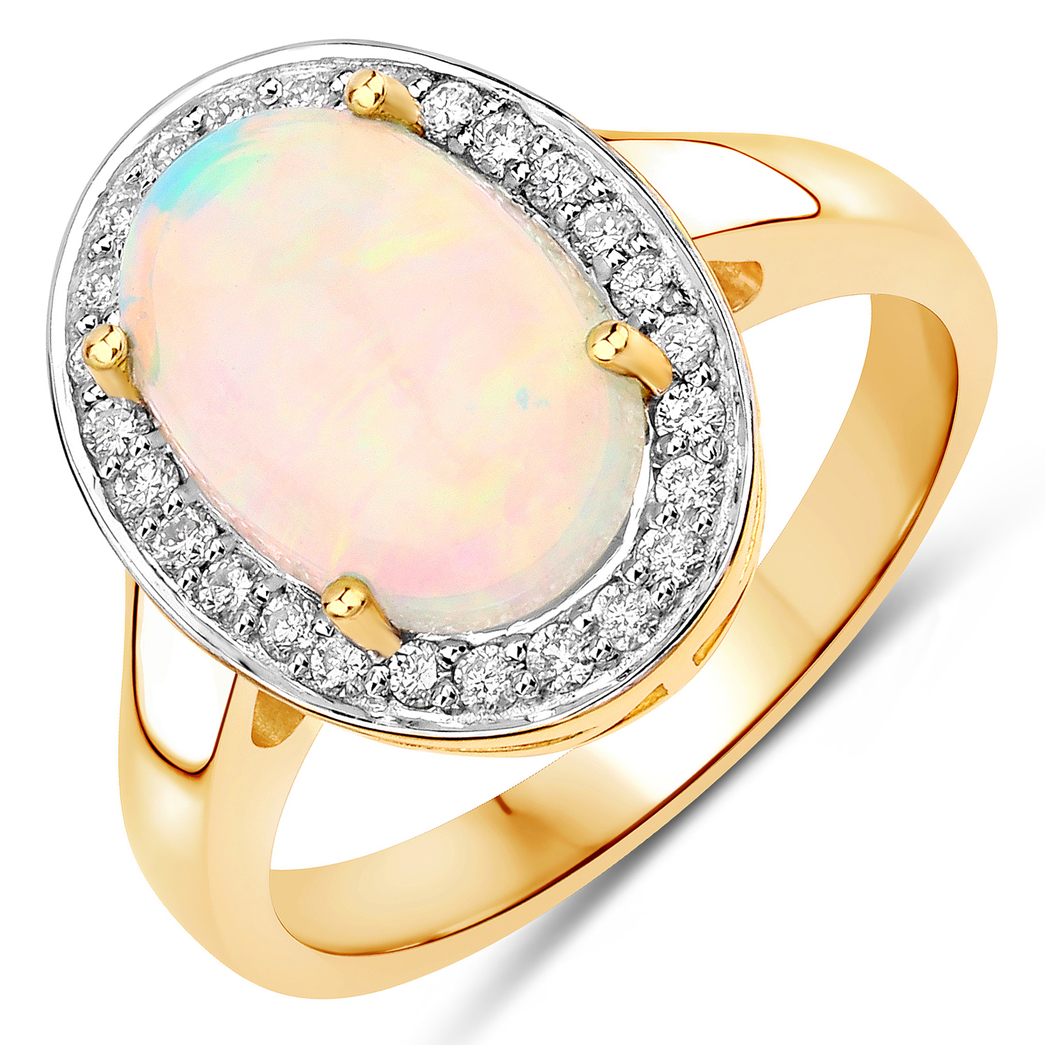 2.44 Carat Genuine Ethiopian Opal and White Diamond 14K Yellow Gold Ring