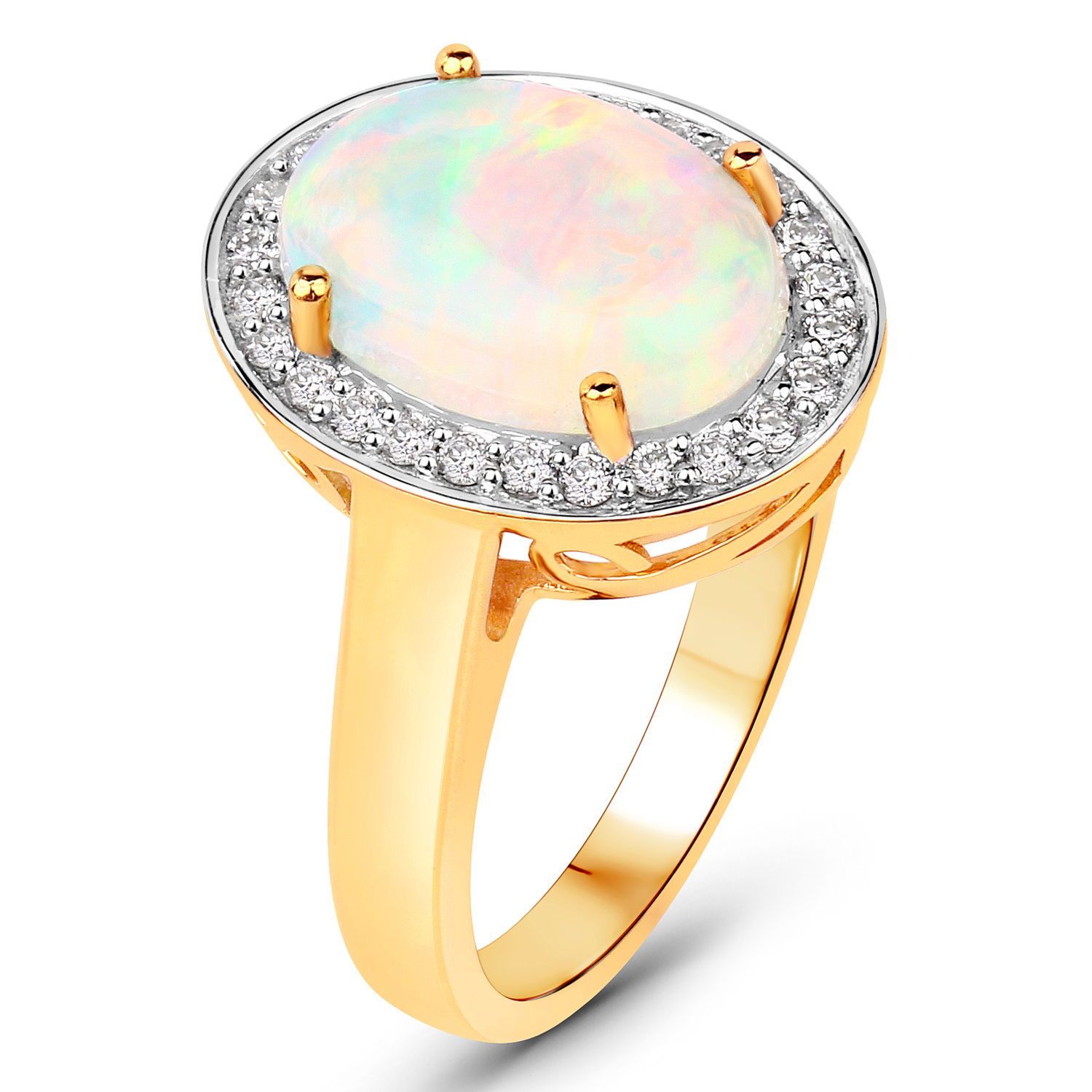 2.44 Carat Genuine Ethiopian Opal and White Diamond 14K Yellow Gold Ring