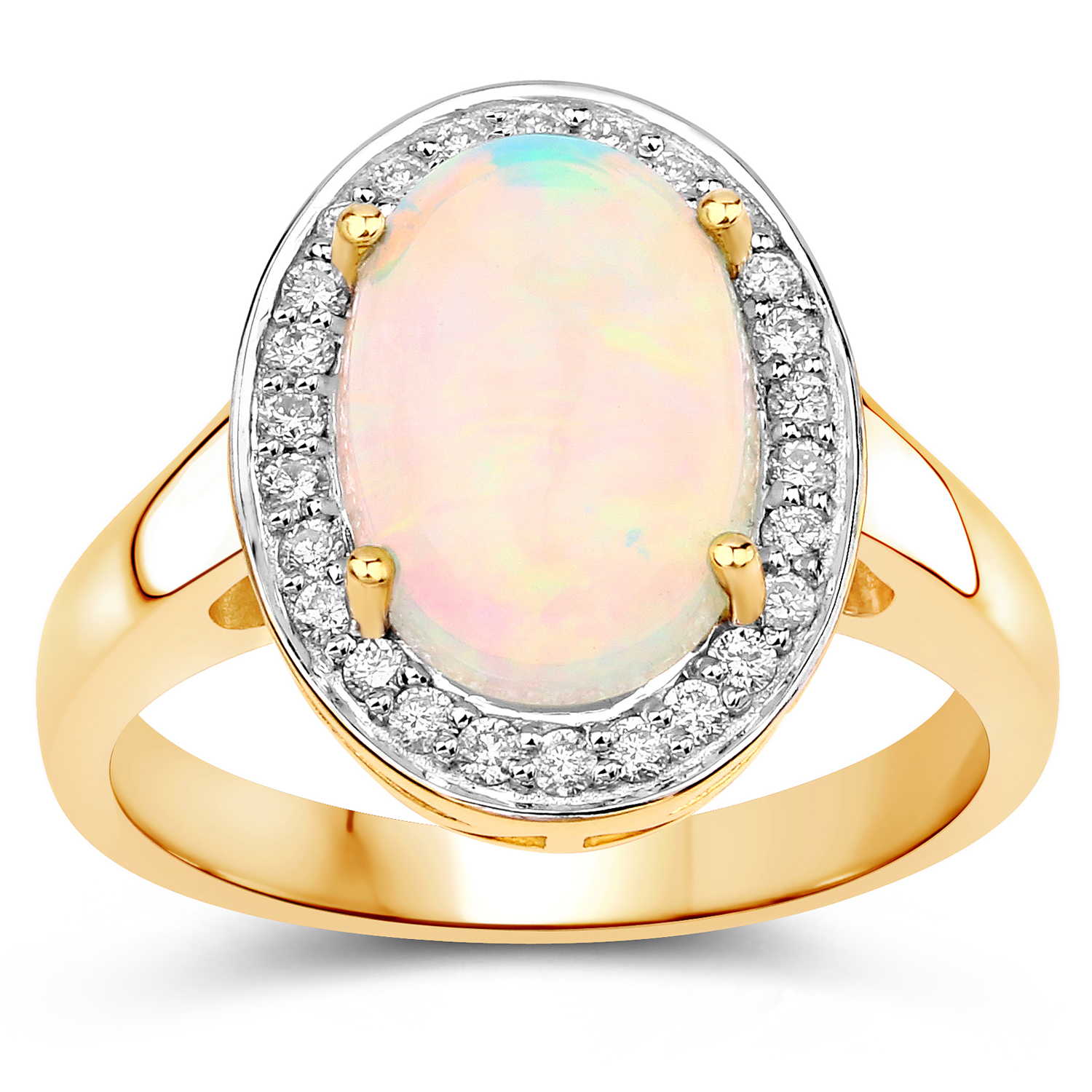 2.44 Carat Genuine Ethiopian Opal and White Diamond 14K Yellow Gold Ring