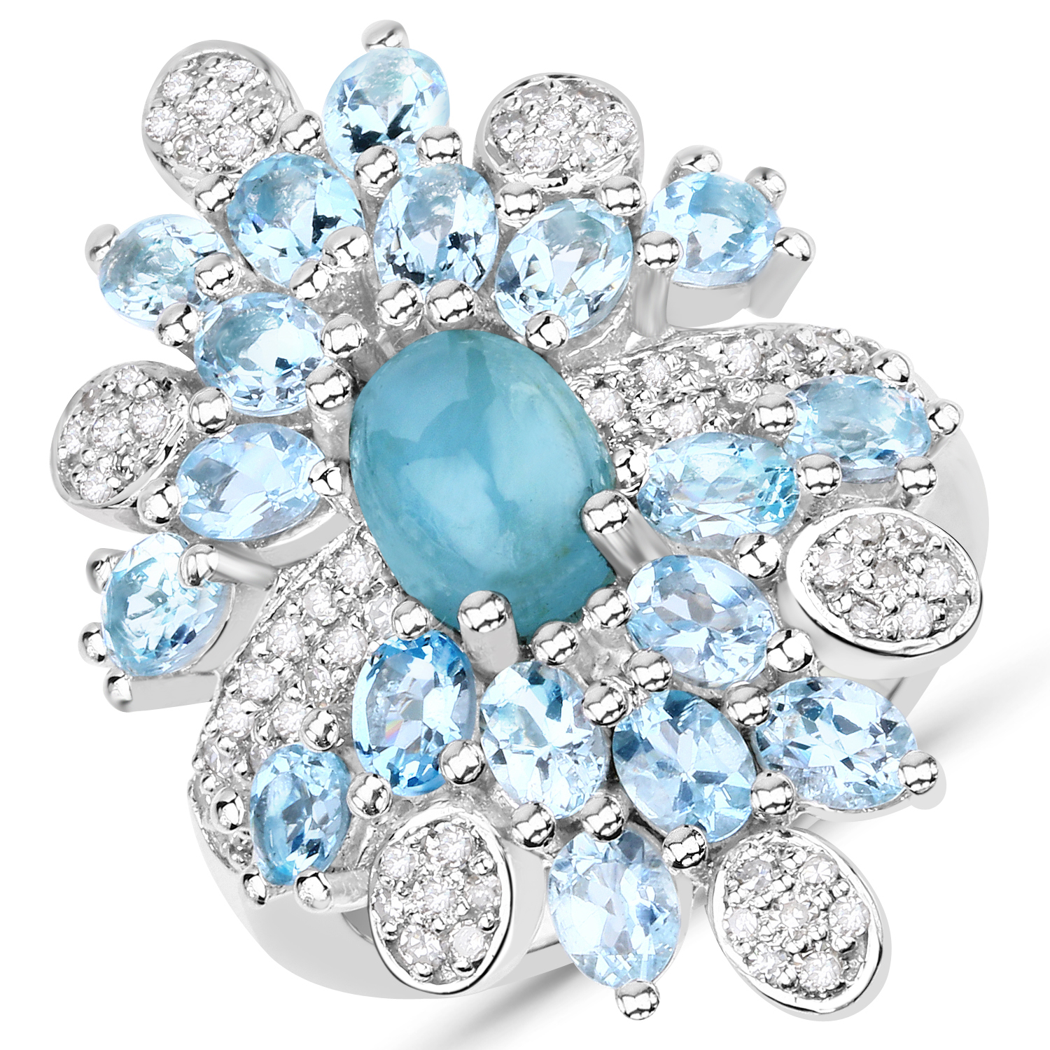 4.68 Carat Genuine Aquamarine and White Diamond .925 Sterling Silver Ring