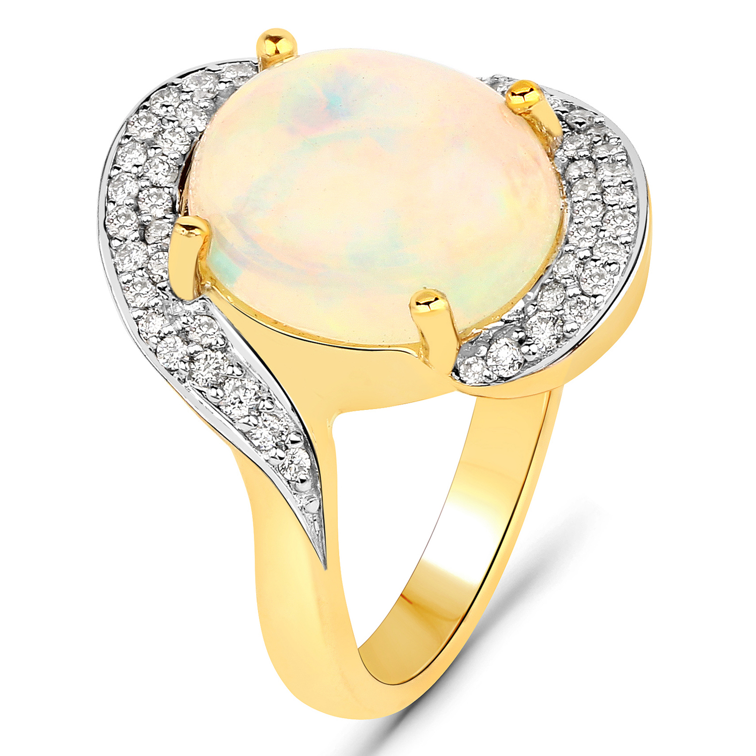3.15 Carat Genuine Ethiopian Opal and White Diamond 14K Yellow Gold Ring