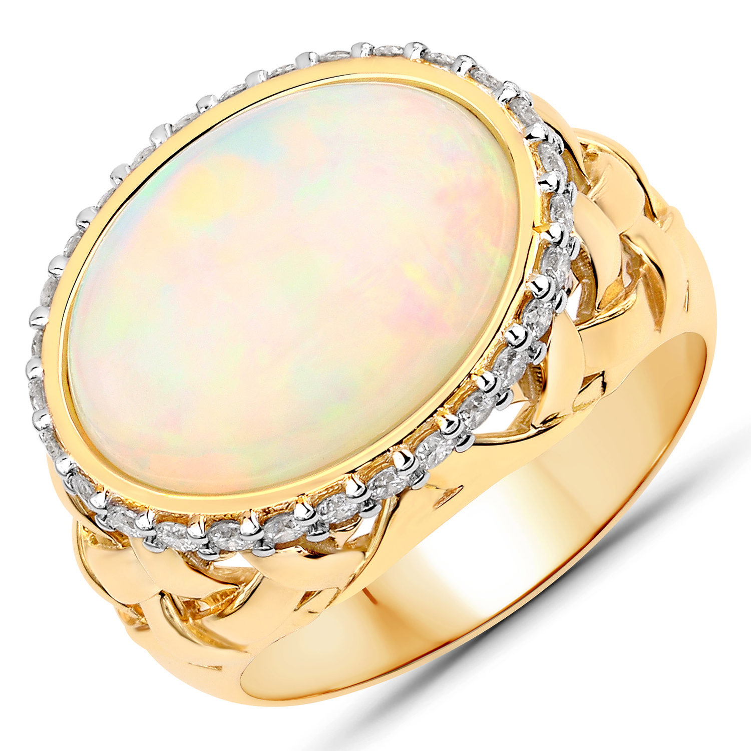 5.41 Carat Genuine Ethiopian Opal and White Diamond 14K Yellow Gold Ring