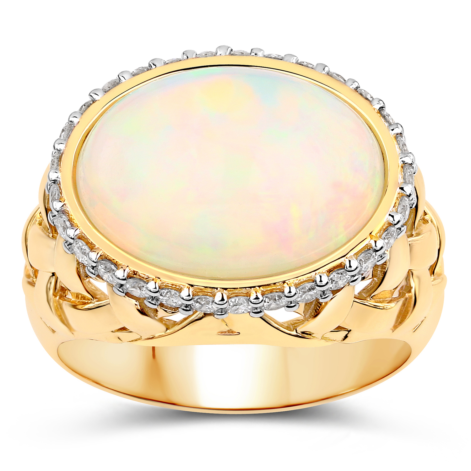 5.41 Carat Genuine Ethiopian Opal and White Diamond 14K Yellow Gold Ring