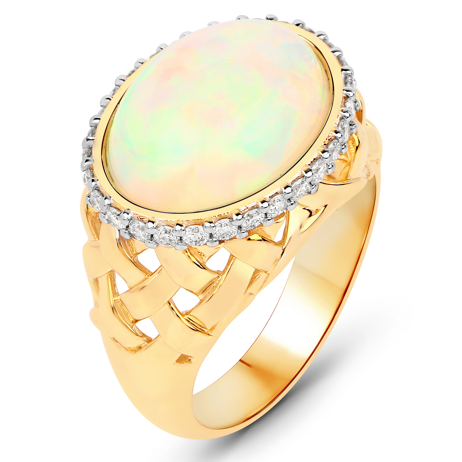 5.41 Carat Genuine Ethiopian Opal and White Diamond 14K Yellow Gold Ring