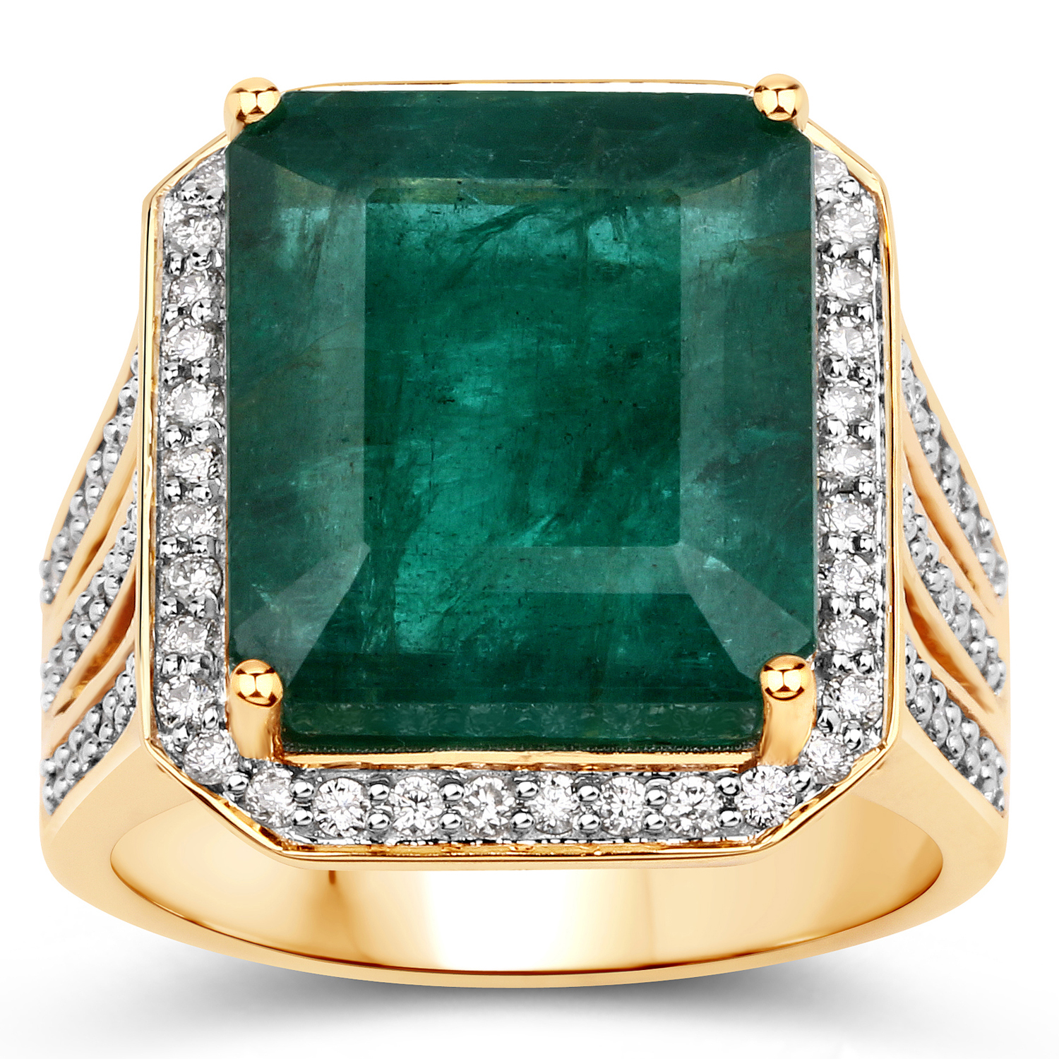 11.10 Carat Genuine Brazilian Emerald and White Diamond 14K Yellow Gold Ring