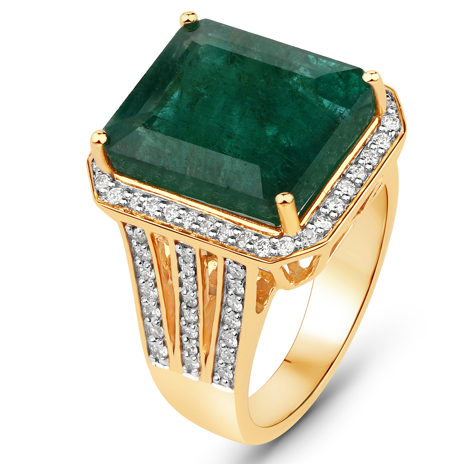 11.10 Carat Genuine Brazilian Emerald and White Diamond 14K Yellow Gold Ring
