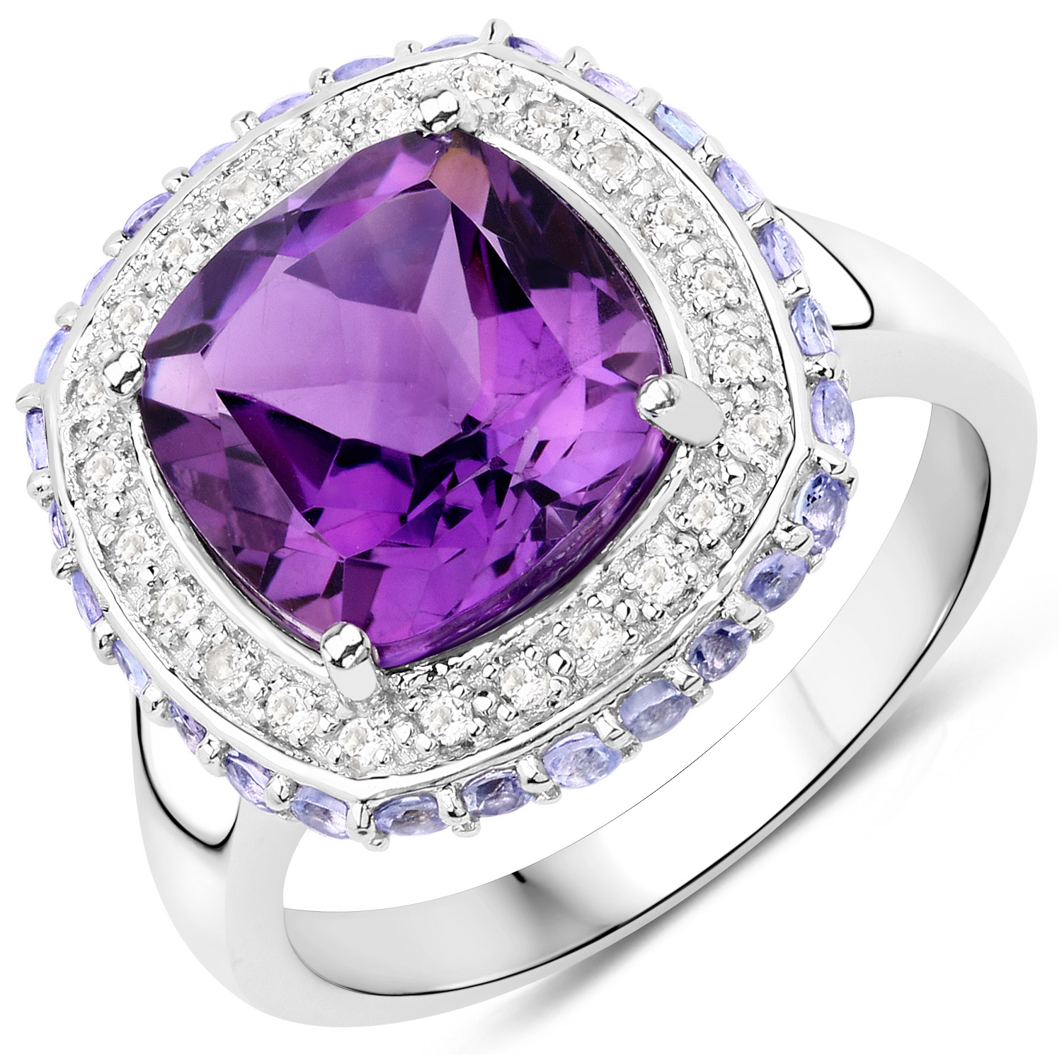 3.78 Carat Genuine Amethyst, Tanzanite and White Topaz .925 Sterling Silver Ring