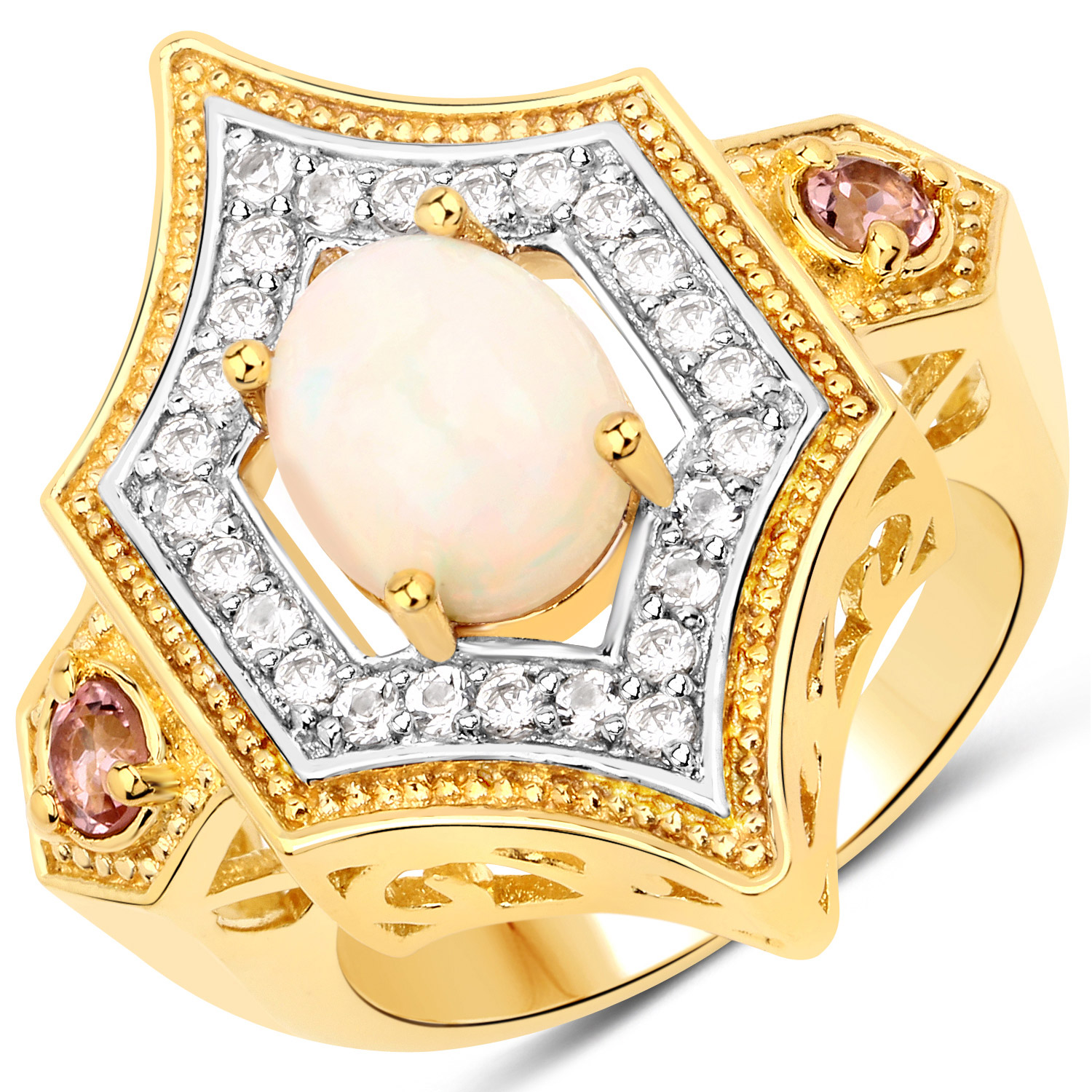 1.81 Carat Genuine Ethiopian Opal, Pink Tourmaline and White Topaz .925 Sterling Silver Ring