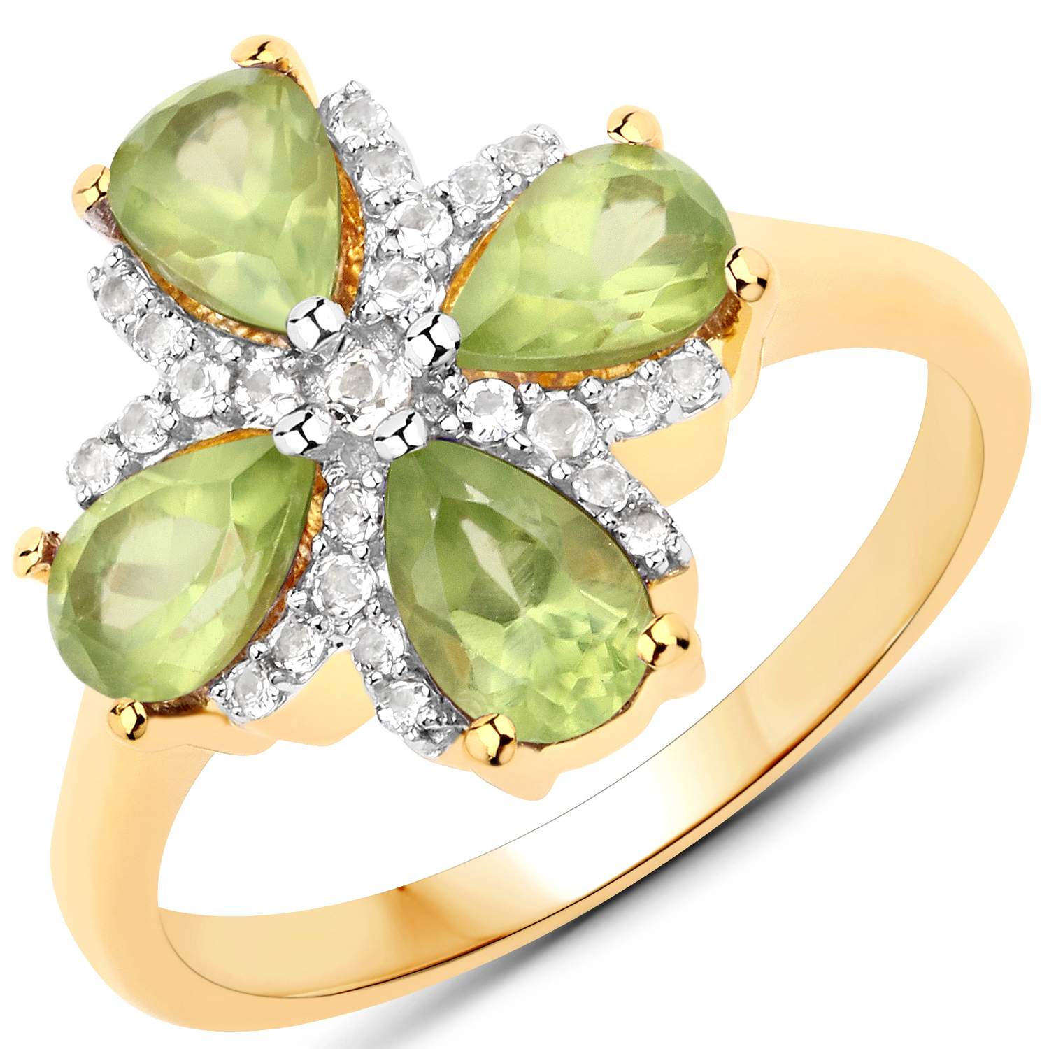 18K Yellow Gold Plated 1.79 Carat Genuine Peridot and White Topaz .925 Sterling Silver Ring