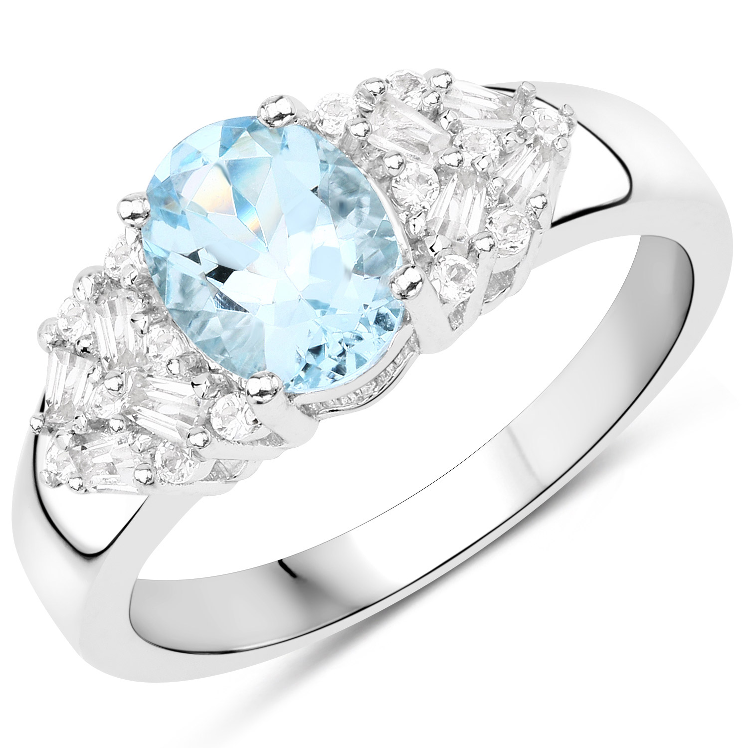 1.59 Carat Genuine Aquamarine and White Topaz .925 Sterling Silver Ring