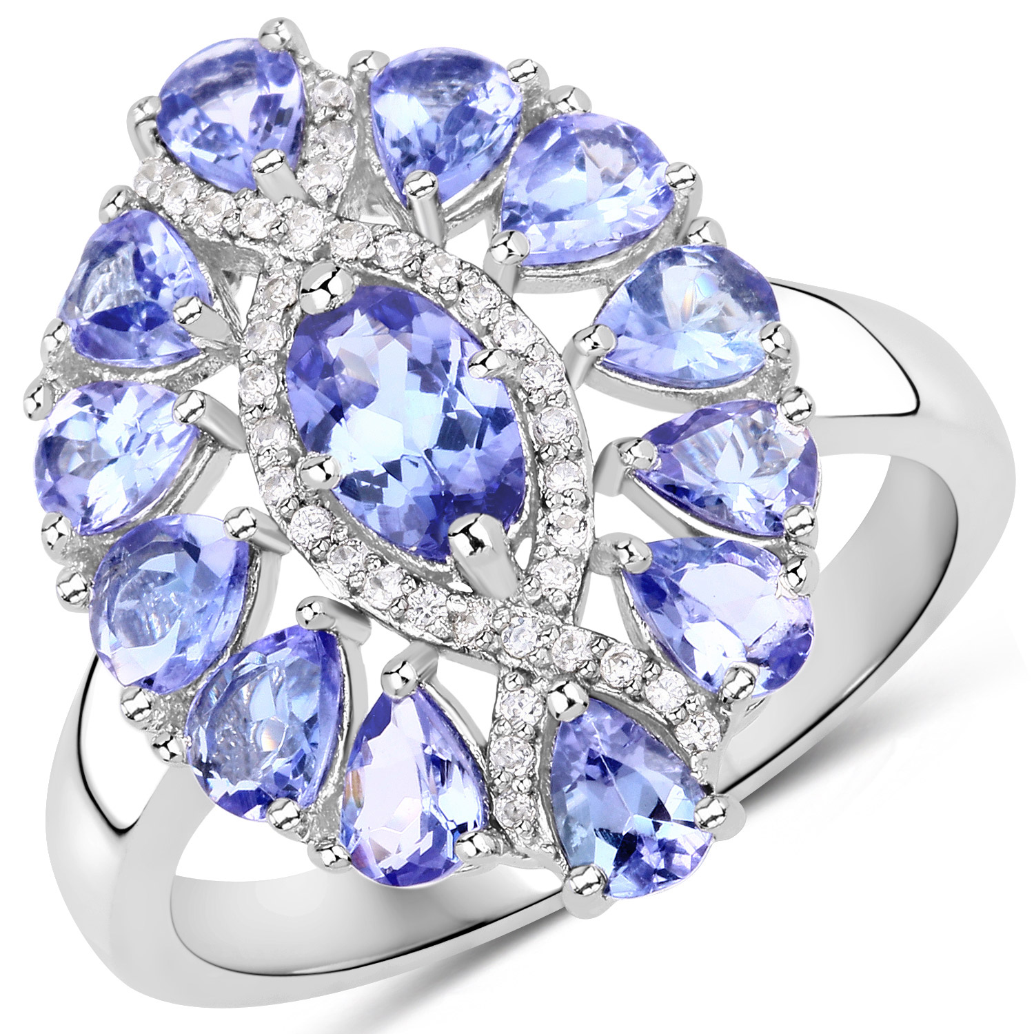 2.30 Carat Genuine Tanzanite and White Zircon .925 Sterling Silver Ring