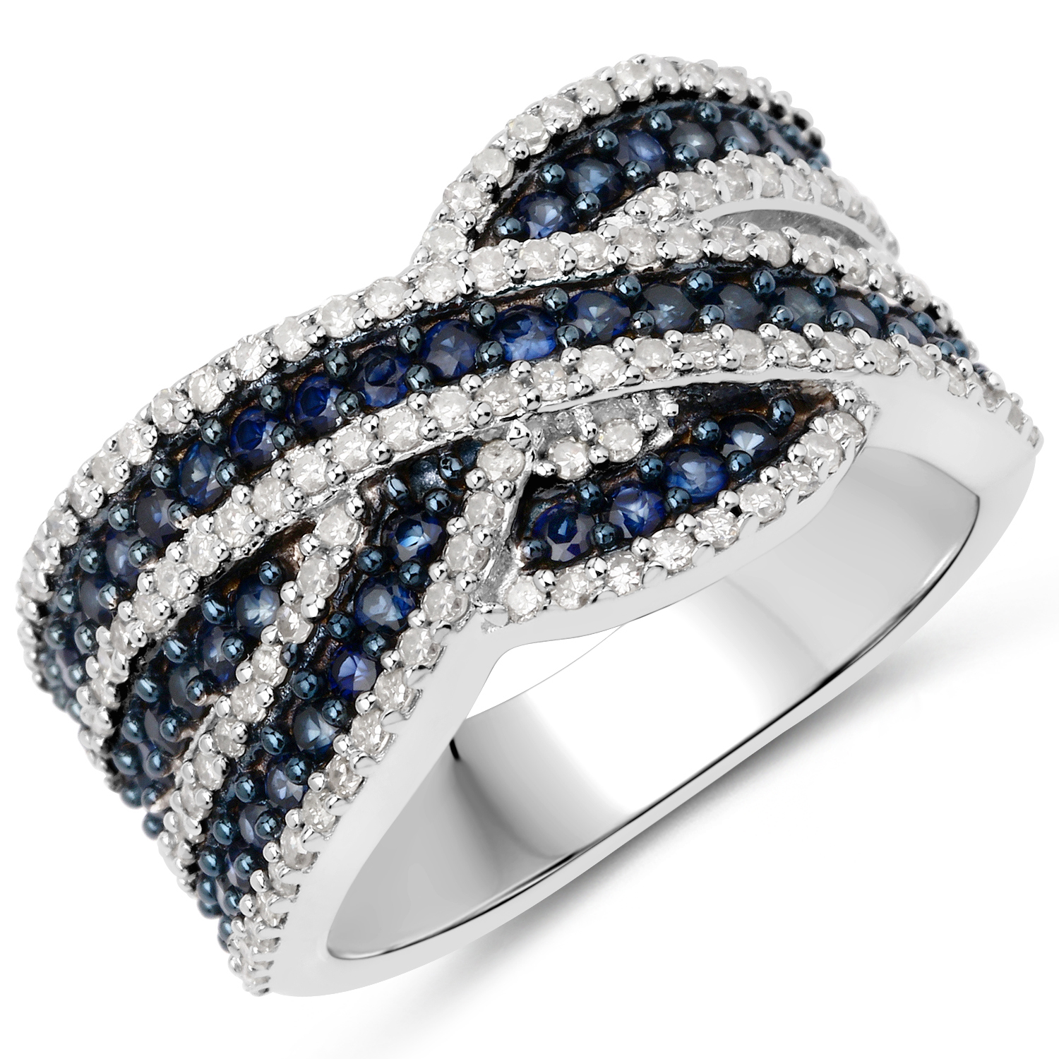 1.52 Carat Genuine Blue Sapphire and White Diamond .925 Sterling Silver Ring