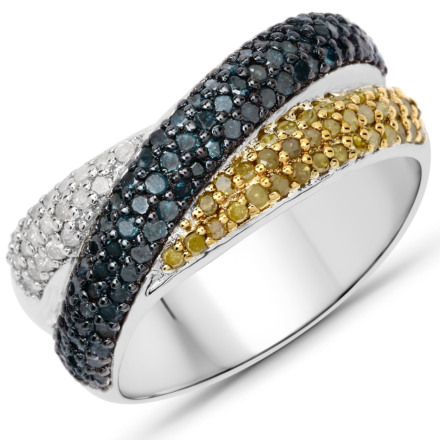 0.76 Carat Genuine Yellow Diamond, Blue Diamond and White Diamond .925 Sterling Silver Ring