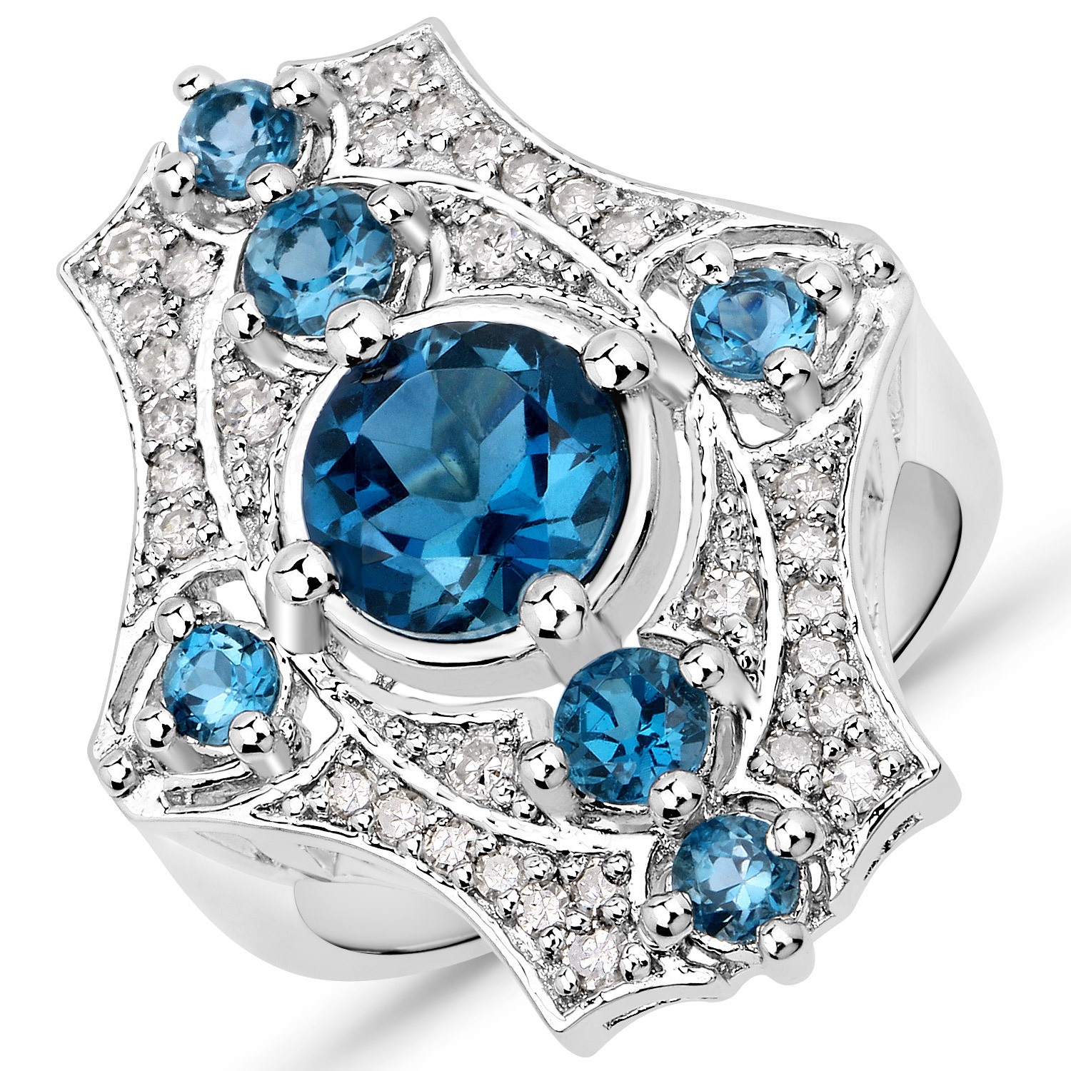 2.84 Carat Genuine London Blue Topaz and White Diamond .925 Sterling Silver Ring