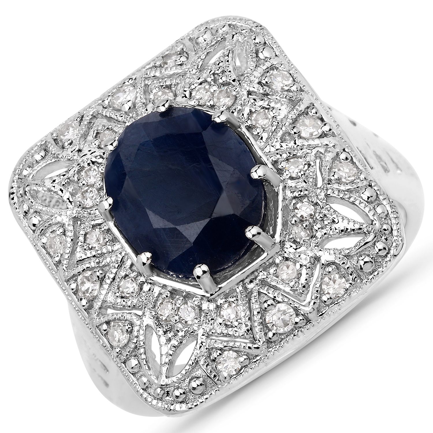 3.57 Carat Genuine Blue Sapphire and White Diamond .925 Sterling Silver Ring