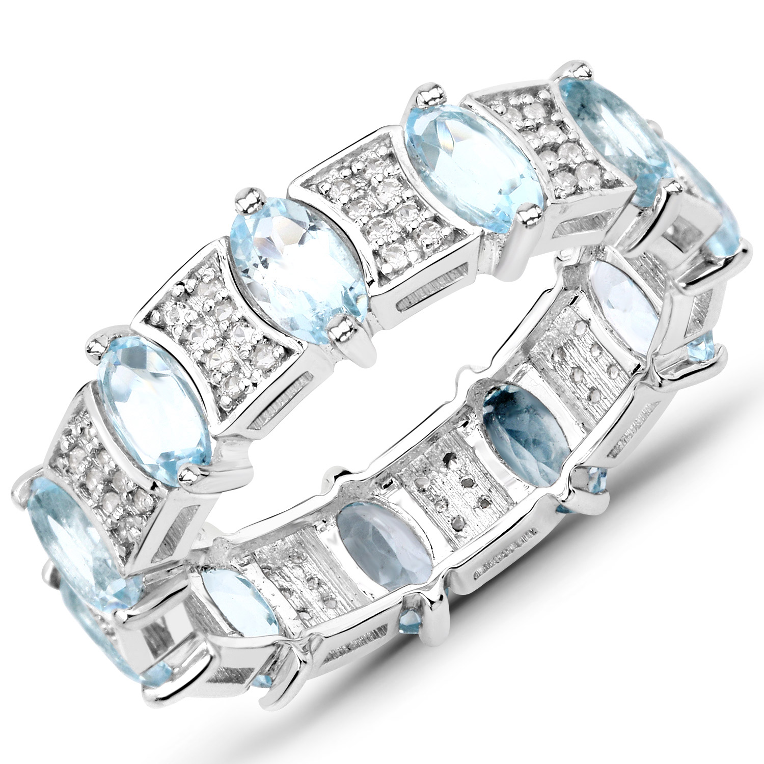 3.10 Carat Genuine Blue Topaz and White Topaz .925 Sterling Silver Ring