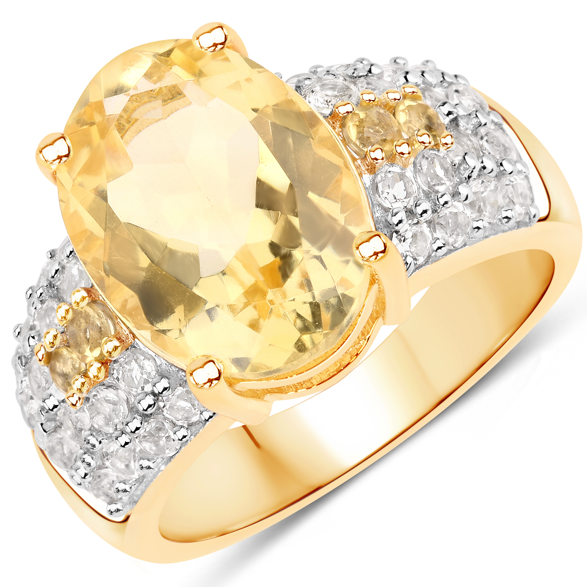 14K Yellow Gold Plated 5.95 Carat Genuine Citrine and White Topaz .925 Sterling Silver Ring