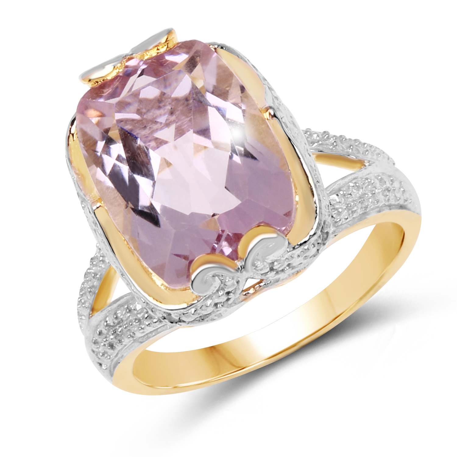 14K Yellow Gold Plated 6.52 Carat Genuine Pink Amethyst & White Topaz .925 Sterling Silver Ring